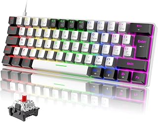 Wired 60% Gaming Mechanical Keyboard with Red Switch, UK Layout 19 Rainbow LED Backlit Mini Portable 62 Keys Detachable USB-C Cable Full Keys Anti-Ghosting Waterproof for PC Mac - White & Black