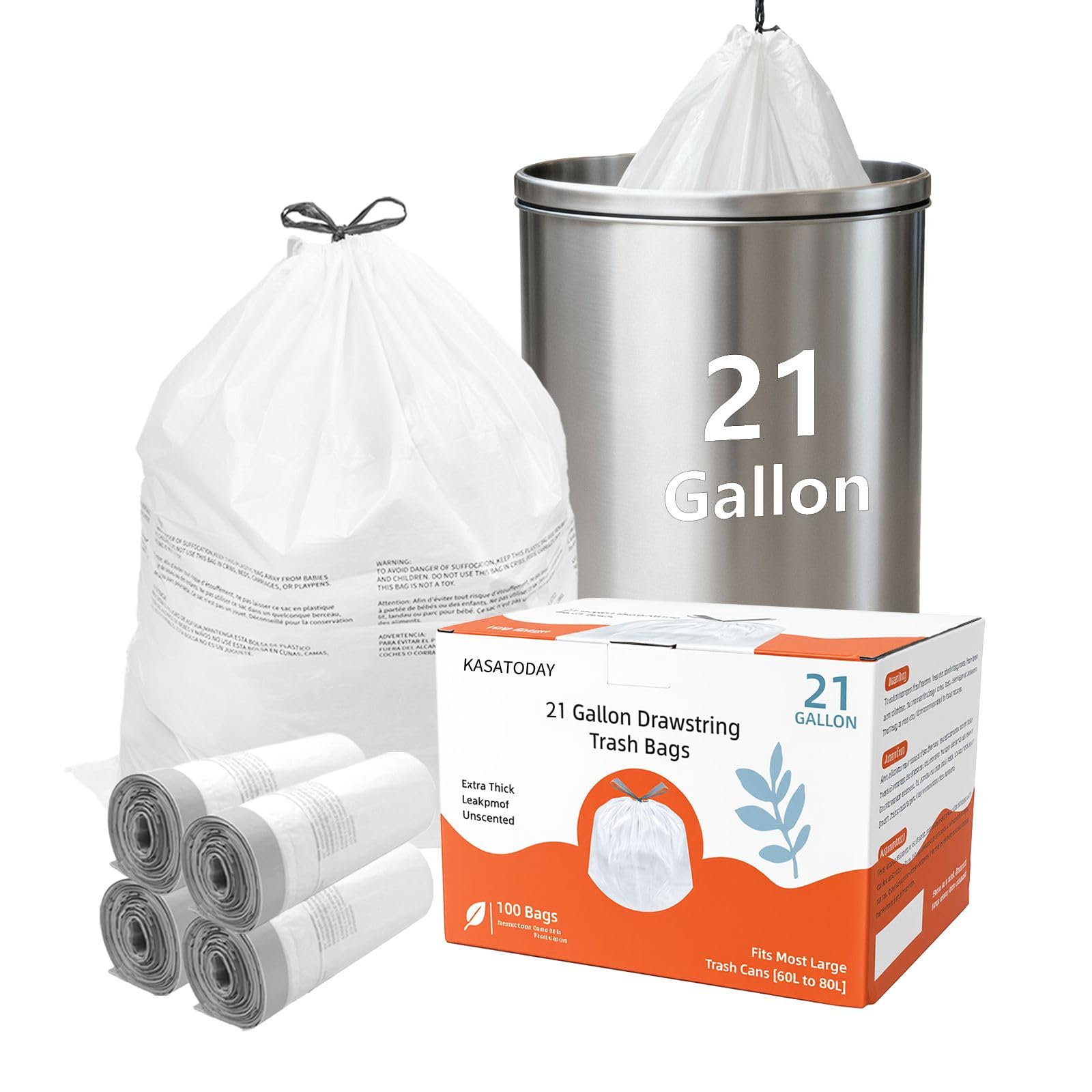 Drawstring Trash Bags, 80L Extra Large Kitchen Garbage Bags, 100ct Extra Strong Leak-Proof Liners for Home &amp; Kitchen, Office Unscented White Heavy Duty (21 Gallon 100 count)