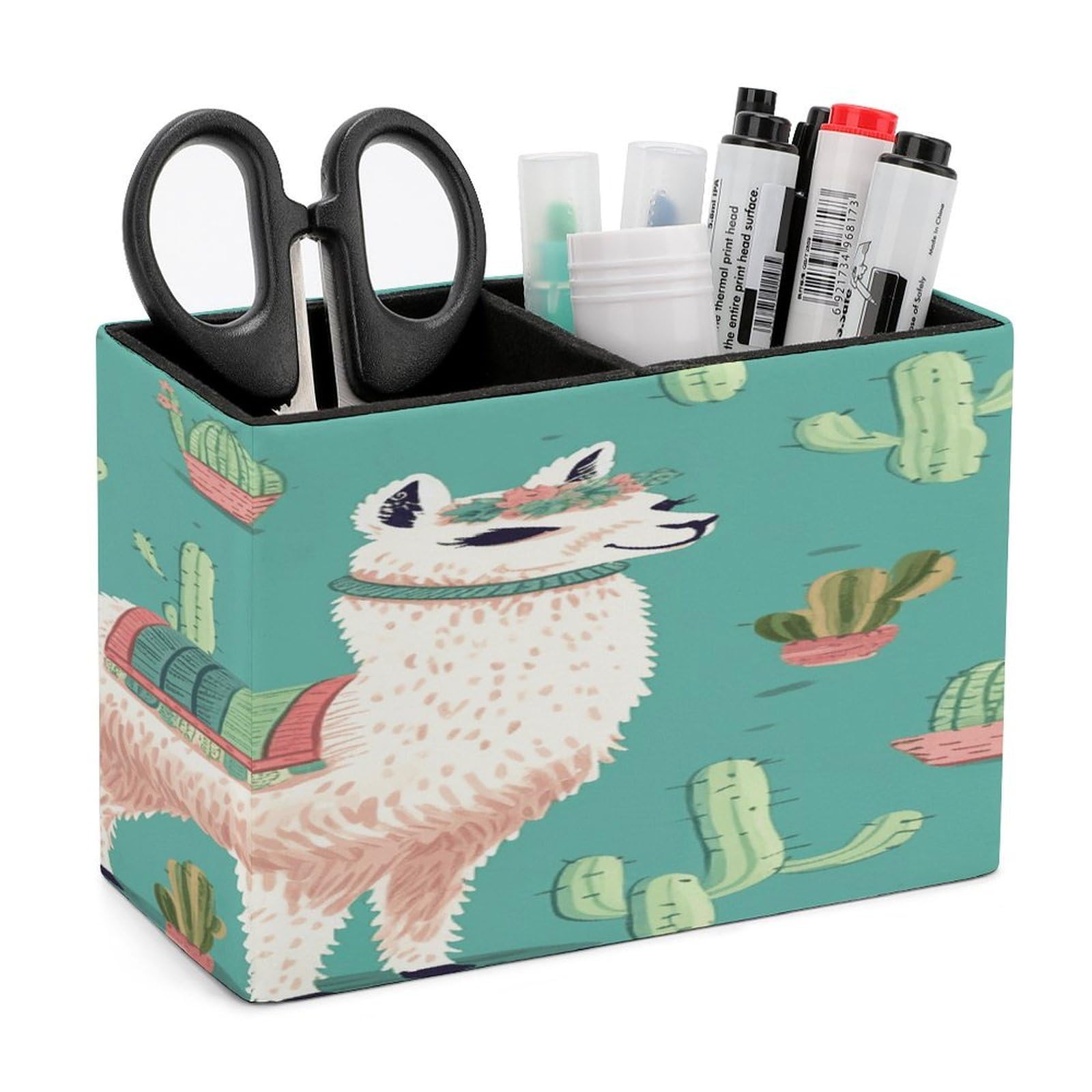 VstaDank Alpaca Cactus Pencil Holder for Desk(Double Slots) Fashion Leather Pencil Cup Simple Rectangular Shape Pen Holder Multi-Functional Pen Cup for Home Office Supplies Storage