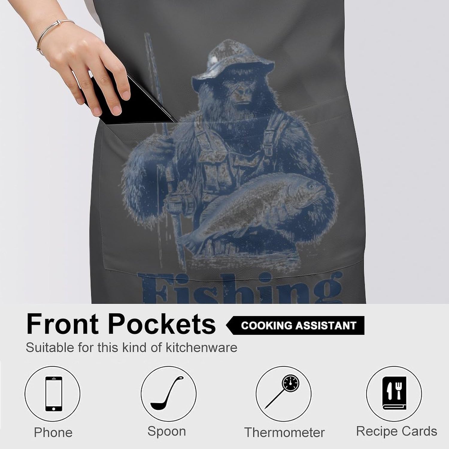 Bigfoot Fishing Funny Apron Chef Aprons with Pockets for Gardening Cooking Kitchen