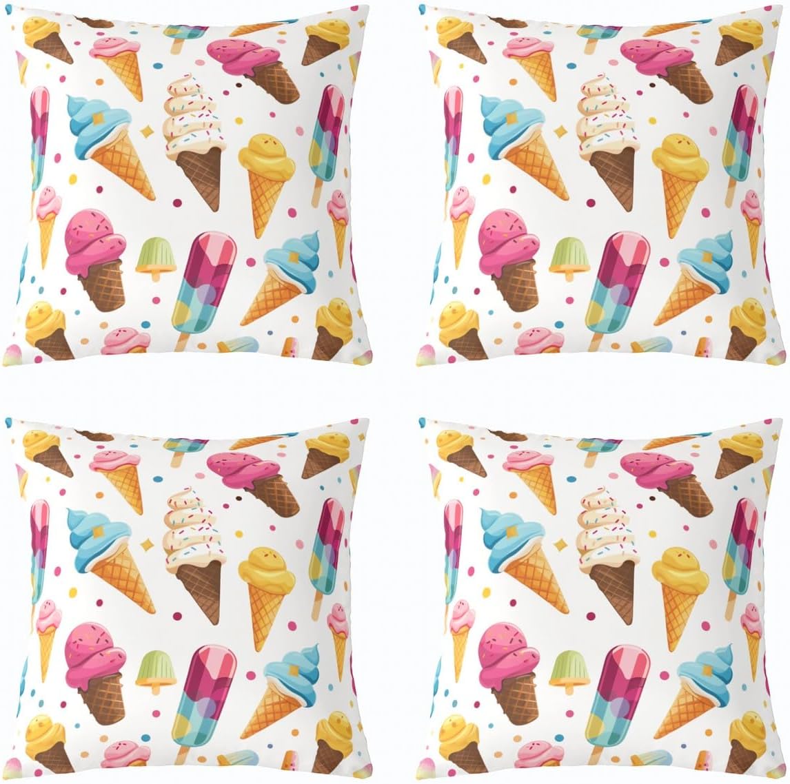 Feelyou Girls Ice Cream Throw Pillow Covers Cartoon Dessert Pattern Cushion Covers Colorful Ice Cream Cake Pillow Covers for Home Sofa Bed Couch Soft Outdoor Pillowcases, 20x20 Inches Set of 4