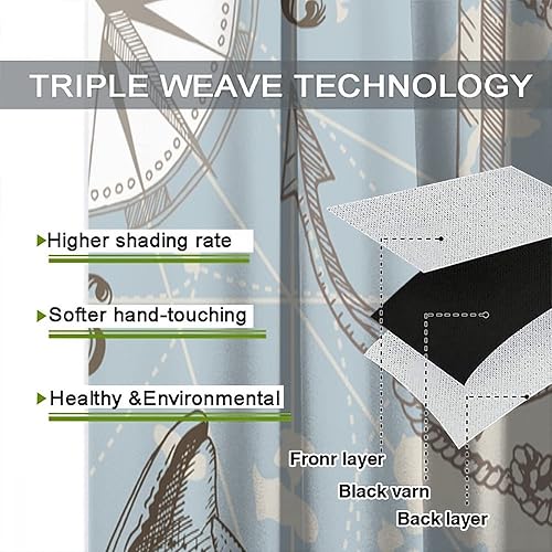 Miniatura 7 de Cortinas opacas de faro, concha náutica marina, brújula, ancla de mar, impresión artística azul para dormitorio, baño, sala de estar, decoración con