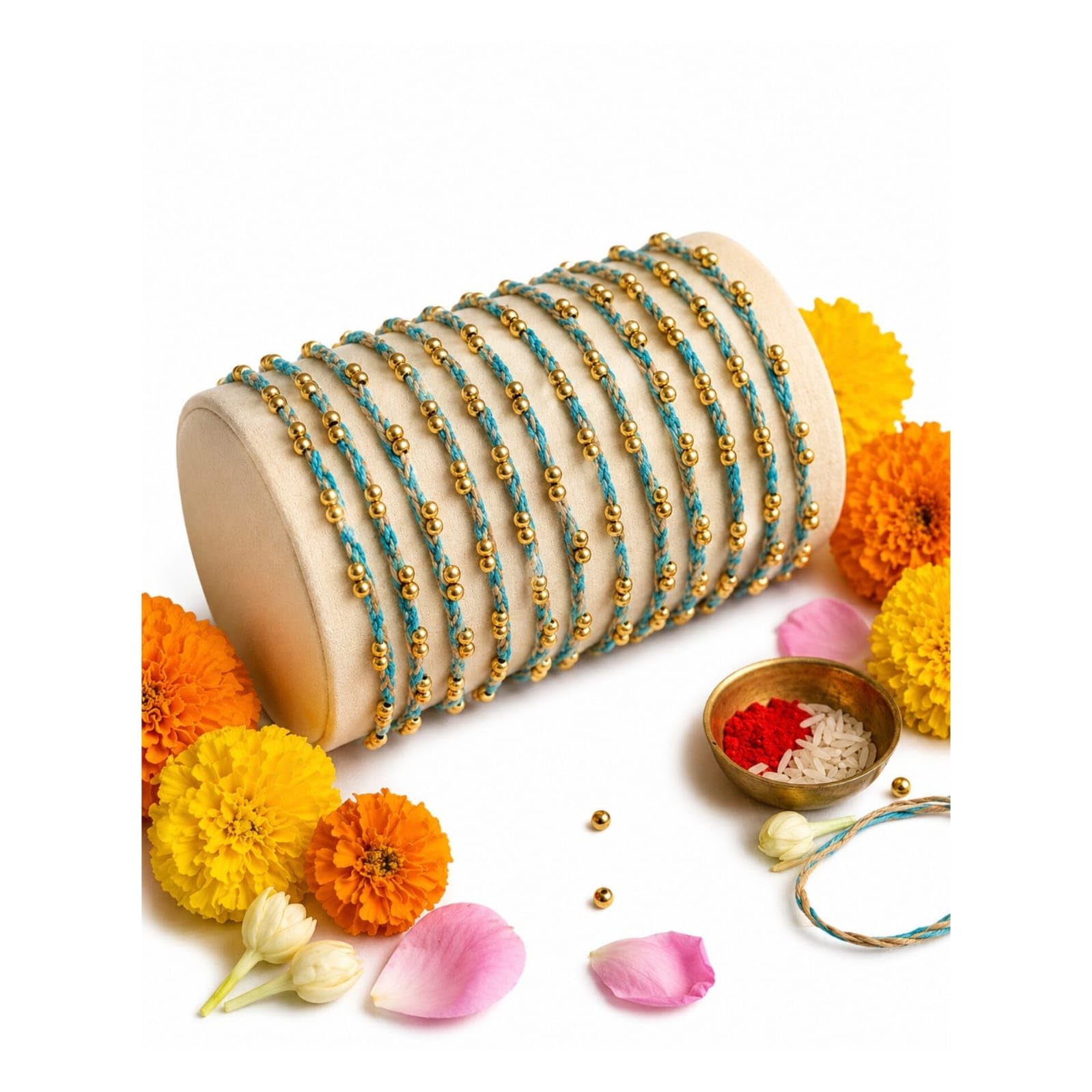 Set of 12 Handcrafted Blue & Gold Beaded Rakhi Thread for Bhaiya, Traditional Dori for Rakshabandhan, Elegant Bracelet Style Designer Rakhi for Brother with Roli Chawal, Rakshabandhan Gift Set for Bhai-image-49