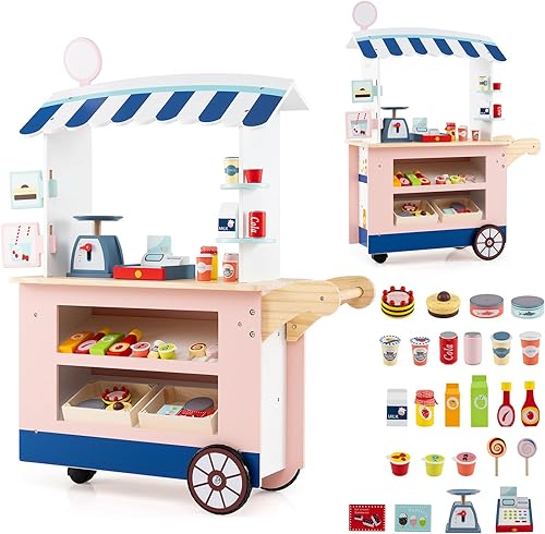 Costzon Juego de tienda de comestibles para niños, juego de soporte de mercado de simulación para niños pequeños con juguete de juego de 30 piezas,