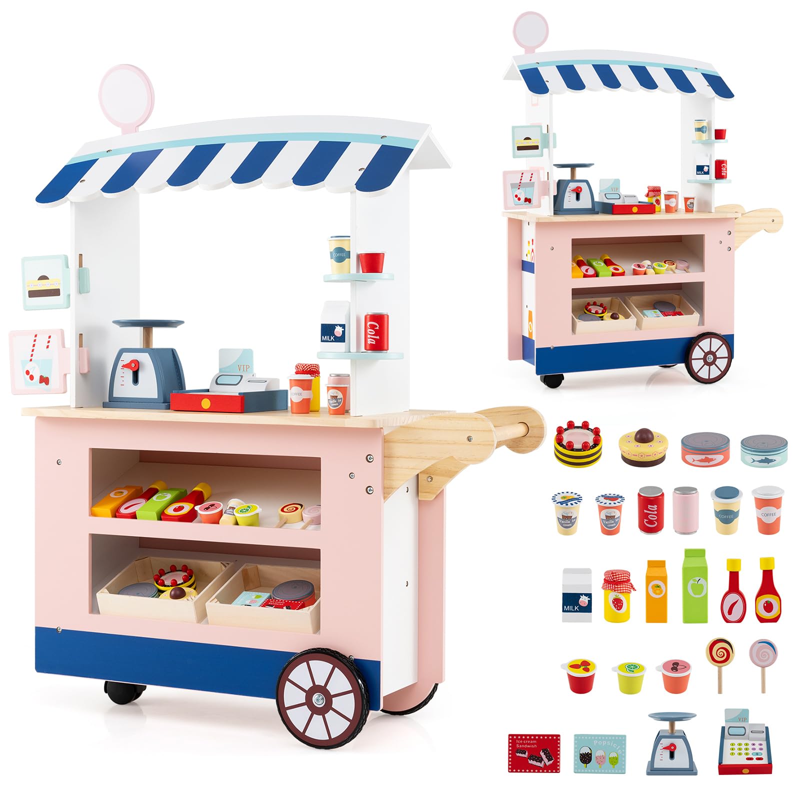 Costzon Kids Grocery Store Playset, Toddler Pretend Market Stand Shop Play Set w/ 30PCS Play Toy, Beverage Rack, Cash Register, Scale, Large Wheels,