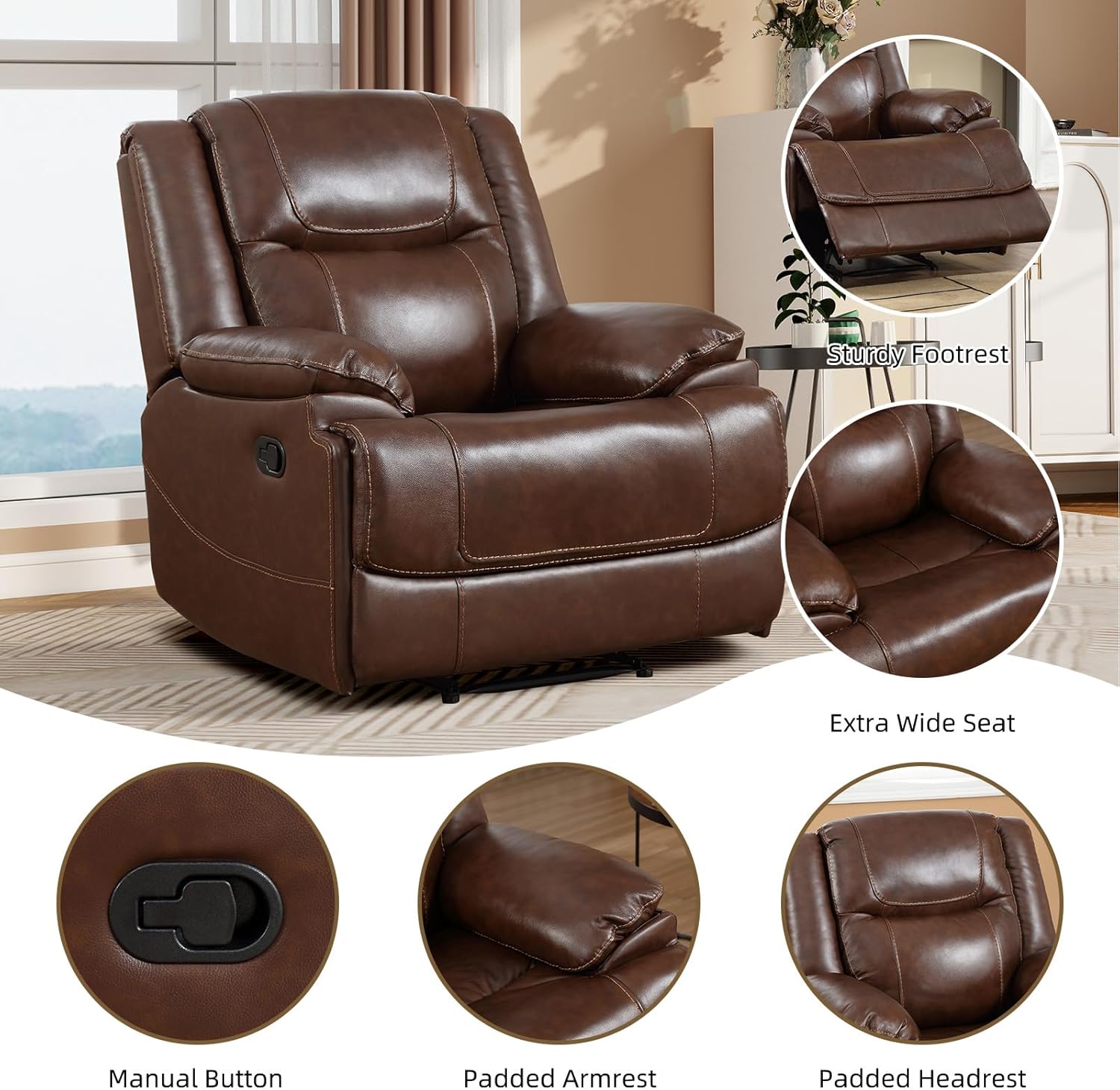 CANMOV Genuine Leather Manual Recliner Chair for Adults, Reclining Single Sofa Seat for Living Room, Meeting Room, Bedroom, Reading, Easy to Clean, Brown