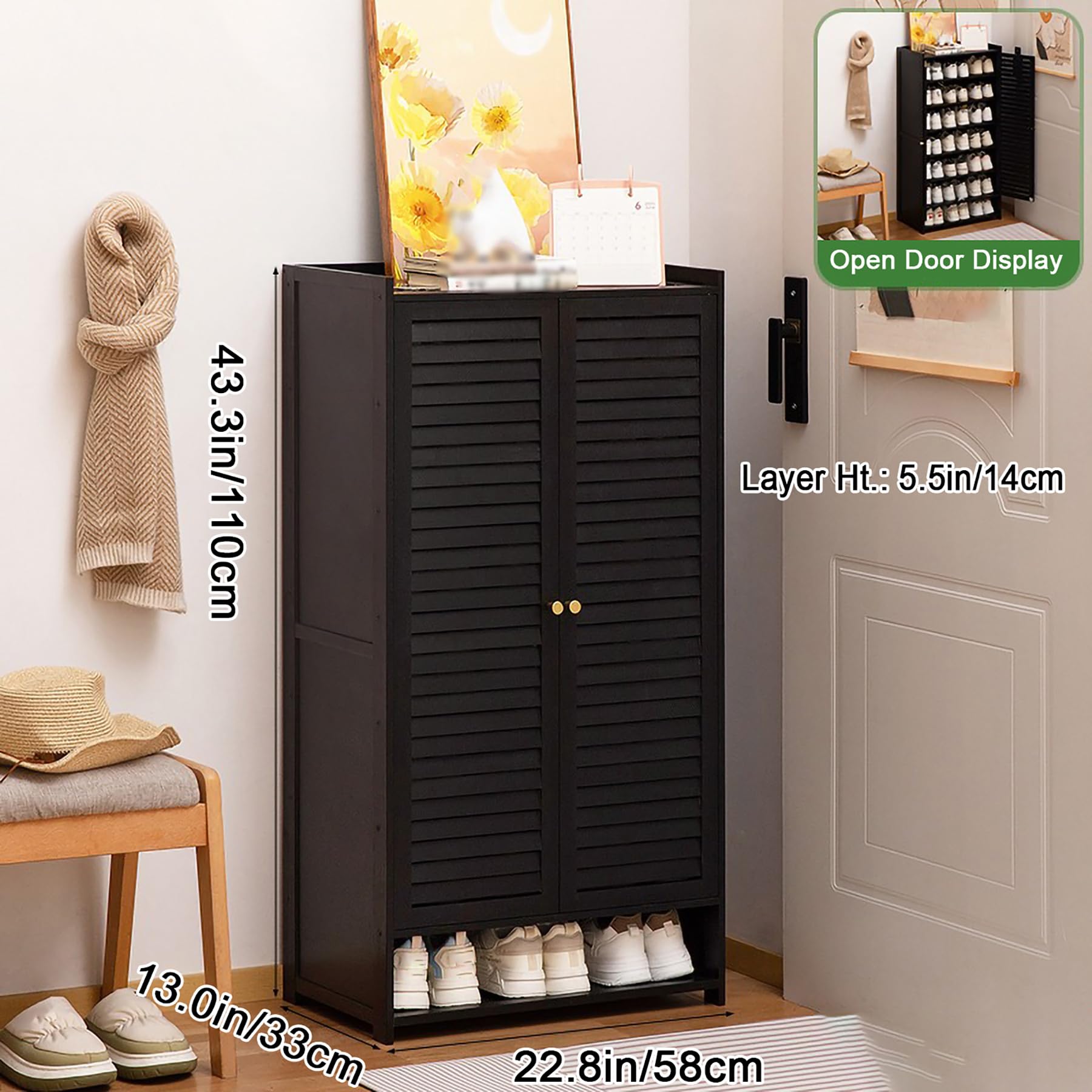 Armarios para Zapatos De Bambú Armario para Guardar Zapatos En La Entrada con Puertas De Lamas Zapatero Independiente De 7 Niveles Grande para Zapatos De 110cm De Alto,Tea Brown,58×33×110cm