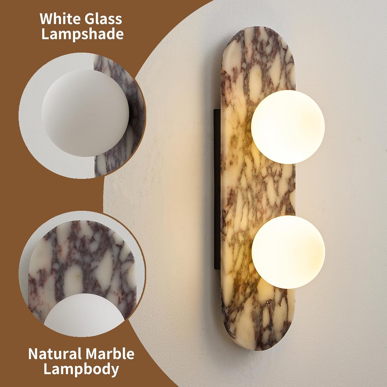 17.7 in Natural Marble Wall Lamp with Glass Shade, 2-Light G9 Base Stone Wall Sconce, Modern Alabaster Wall Light for Bedroom, Living Room, Porch, Bathroom