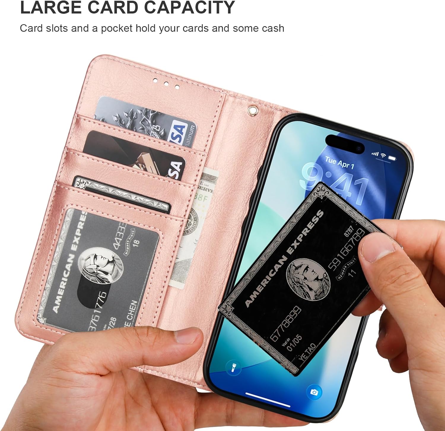 Bocasal for iPhone 17 Wallet Case Compatible with MagSafe Wireless Charging, RFID Blocking Magnetic Leather Case with Card Slots Holder Kickstand Detachable Wrist Strap 6.3 Inch (Rose Gold)