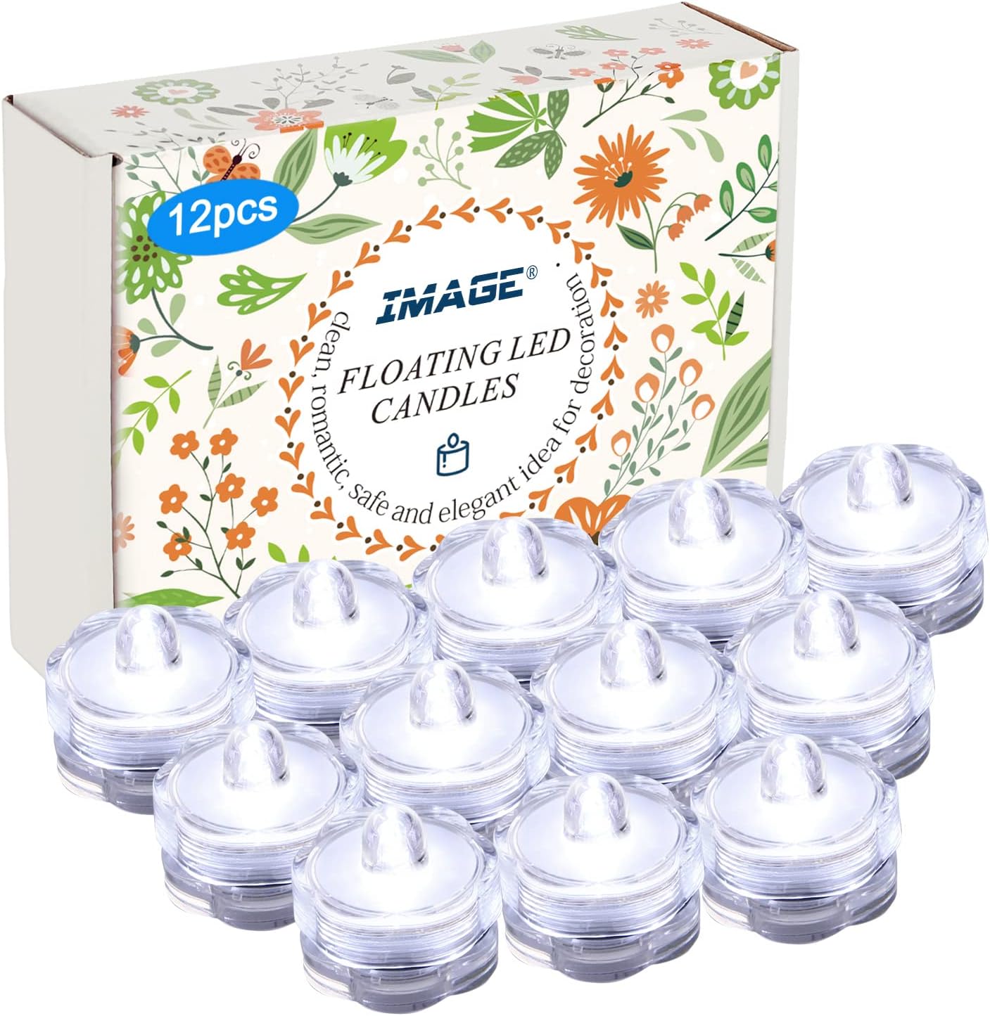 IMAGE Submersible Pond Lights 12 Pack LED Underwater Tea Lights Battery Operated Candles for Vase Water Tank Wedding Party Home Decor Floral Cool White