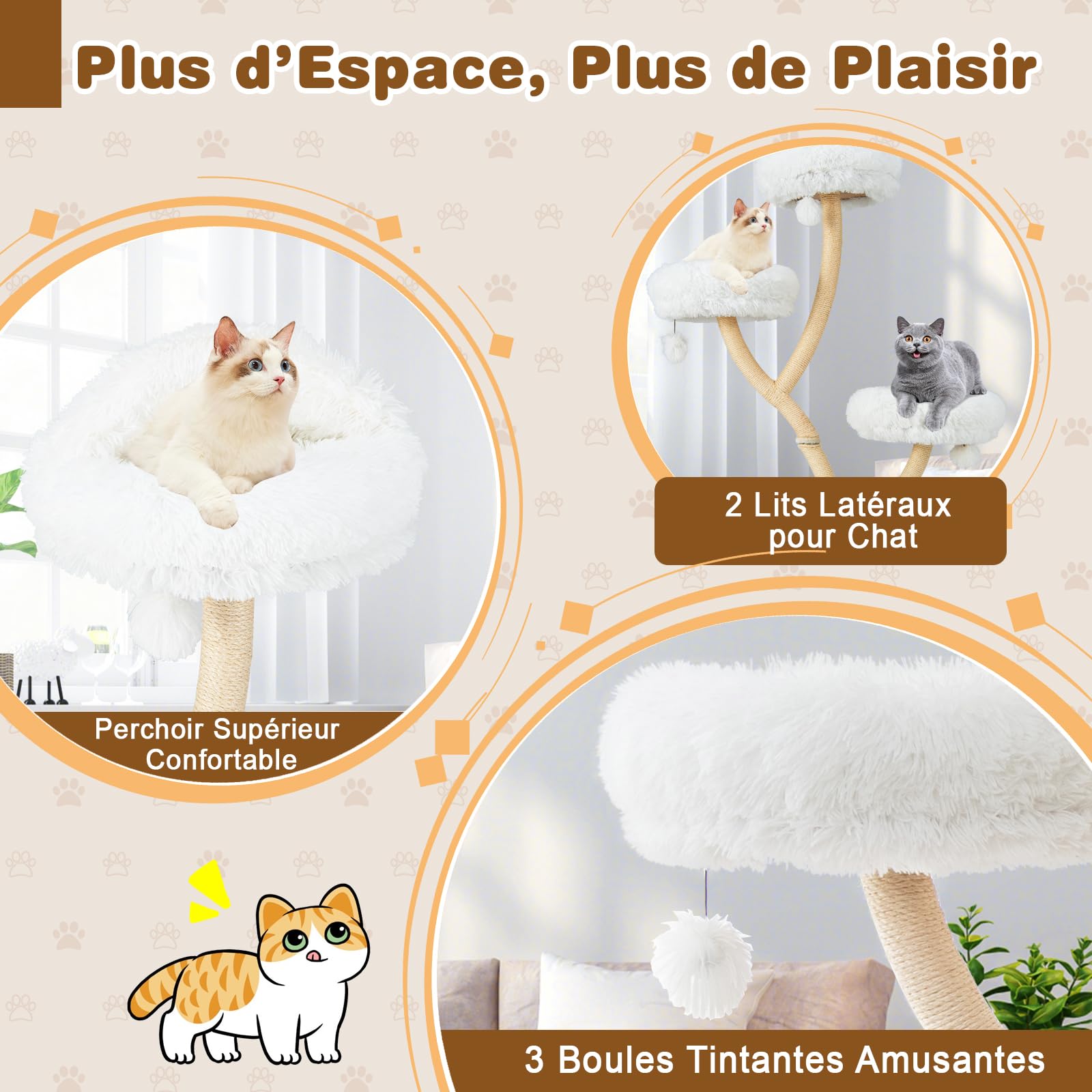 GOPLUS Arbre a Chat Moderne Hauteur 178 CM, Design Incurvé, Arbre à Chat avec Griffoirs et Planche en Sisal, 3 Perchoirs Chauds à 3 Niveaux, 3 Balles, Cadre en Métal, Idéal pour d'Intérieur (Beige)