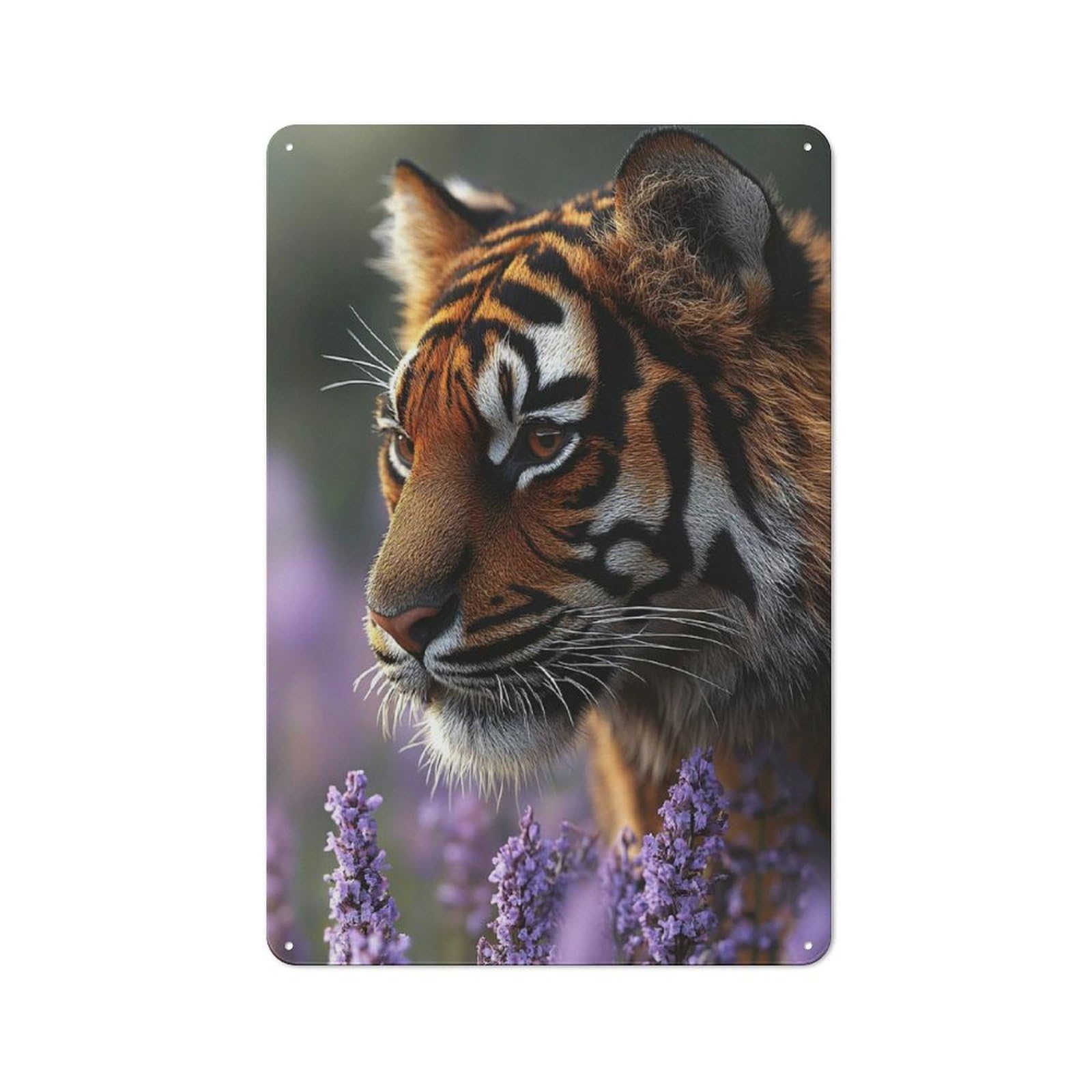 Tiger in Lavender Field Portrait Rustic Tin Wall Plaque 30x20cm for Bar Or Restaurant, for Vintage Wall Decor Fans, for Garage And Workshop Walls