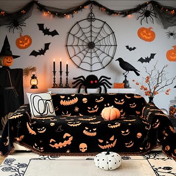 EVENHUG Halloween Sofa Cover Soft Washable Reversible Couch Cover Halloween Home Decoration Sofa Slipcovers for 2-3 Cushion Couch Chenille Furniture Protecror for Pets Dogs 71"x102"