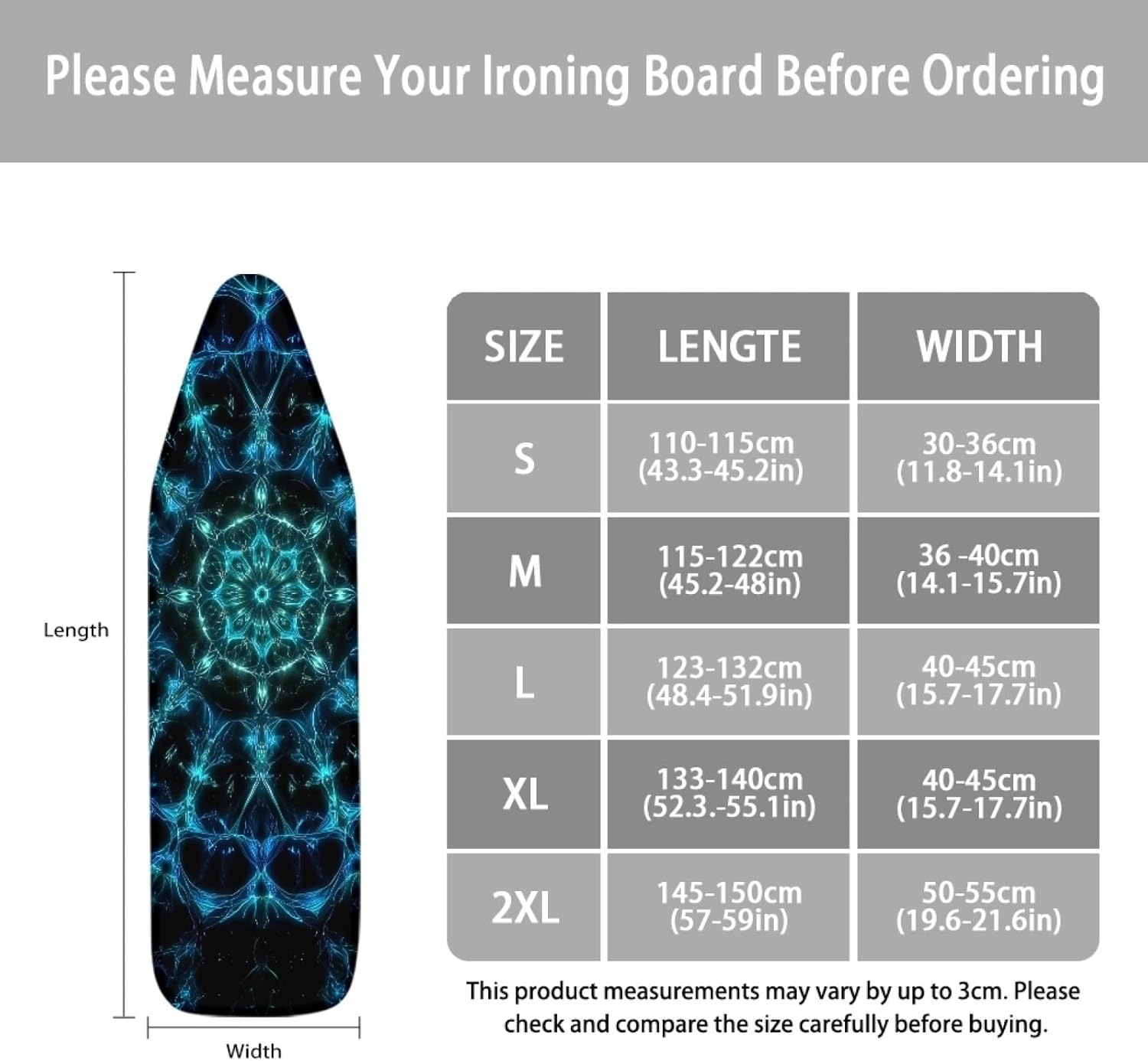 Ironing Board Cover 14x48 Lines Green Blue Iron Board Cover with Padding Heat Reflective,Scorch Resistant Thick Padding,Snug Fit Non-Slip Nose Pocket Fastener Straps Elastic Edges