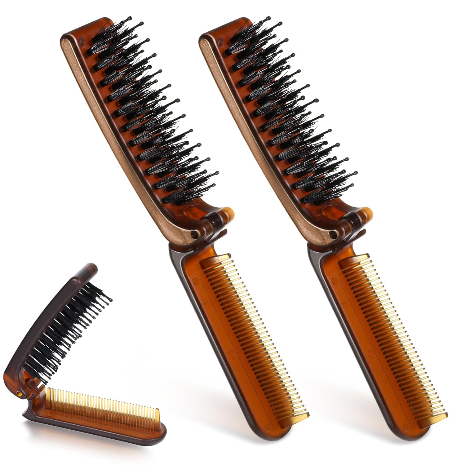 Travel Size Hair Brush, 2 Pcs Collapsible Portable Pocket Nylon Bristle Hairbrush with Fine Tooth Comb Mini Folding Hair Brush for Men and Women Bangs Dry Wet Thick Thin Curly Straight Hair – Amber