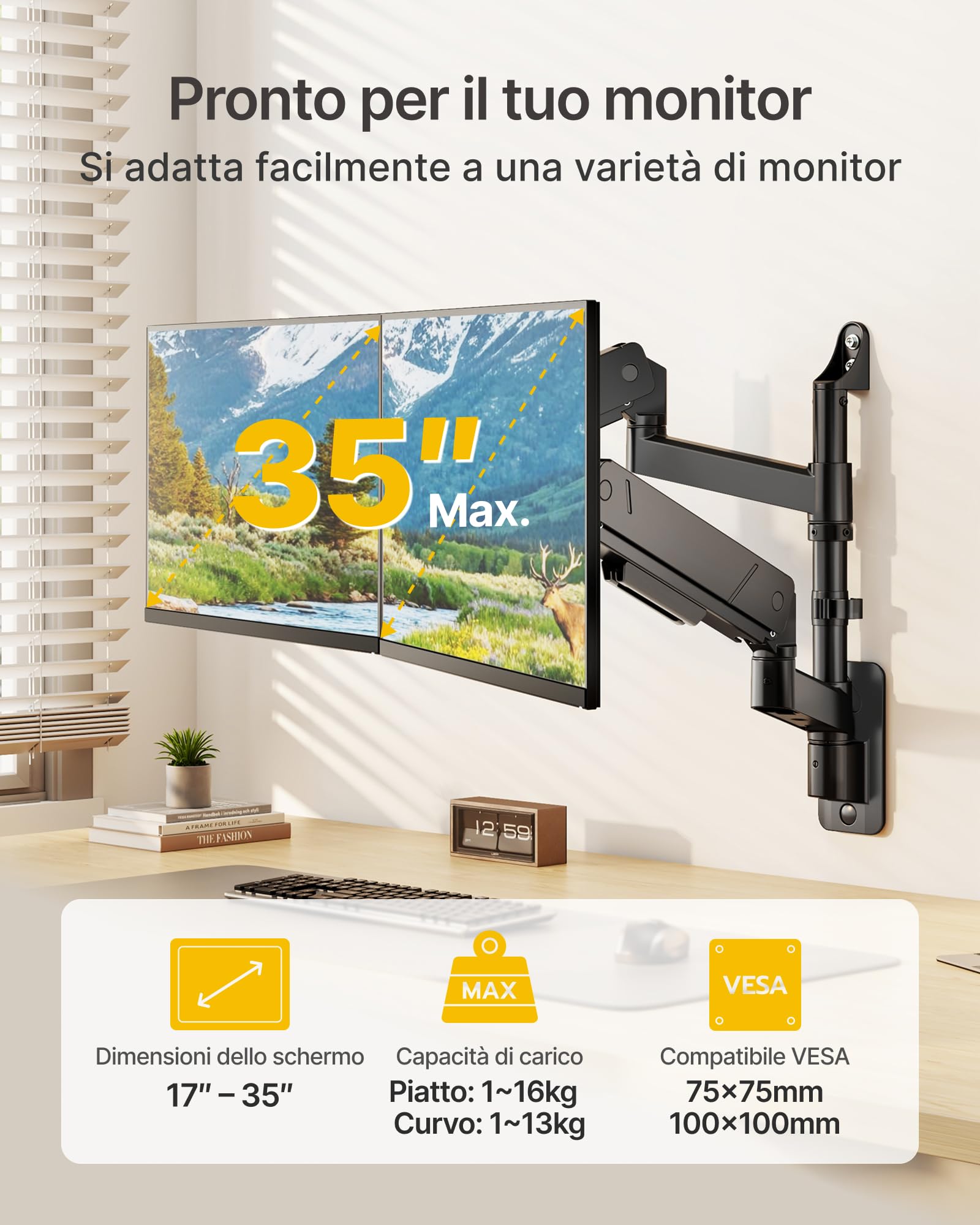 monTEK Supporto da parete per doppio monitor da 17 a 35", carico massimo 16 kg, compatibile con schermo piatto e curvo, braccio per monitor inclinabile, girevole e ruotabile, supporto da parete per TV