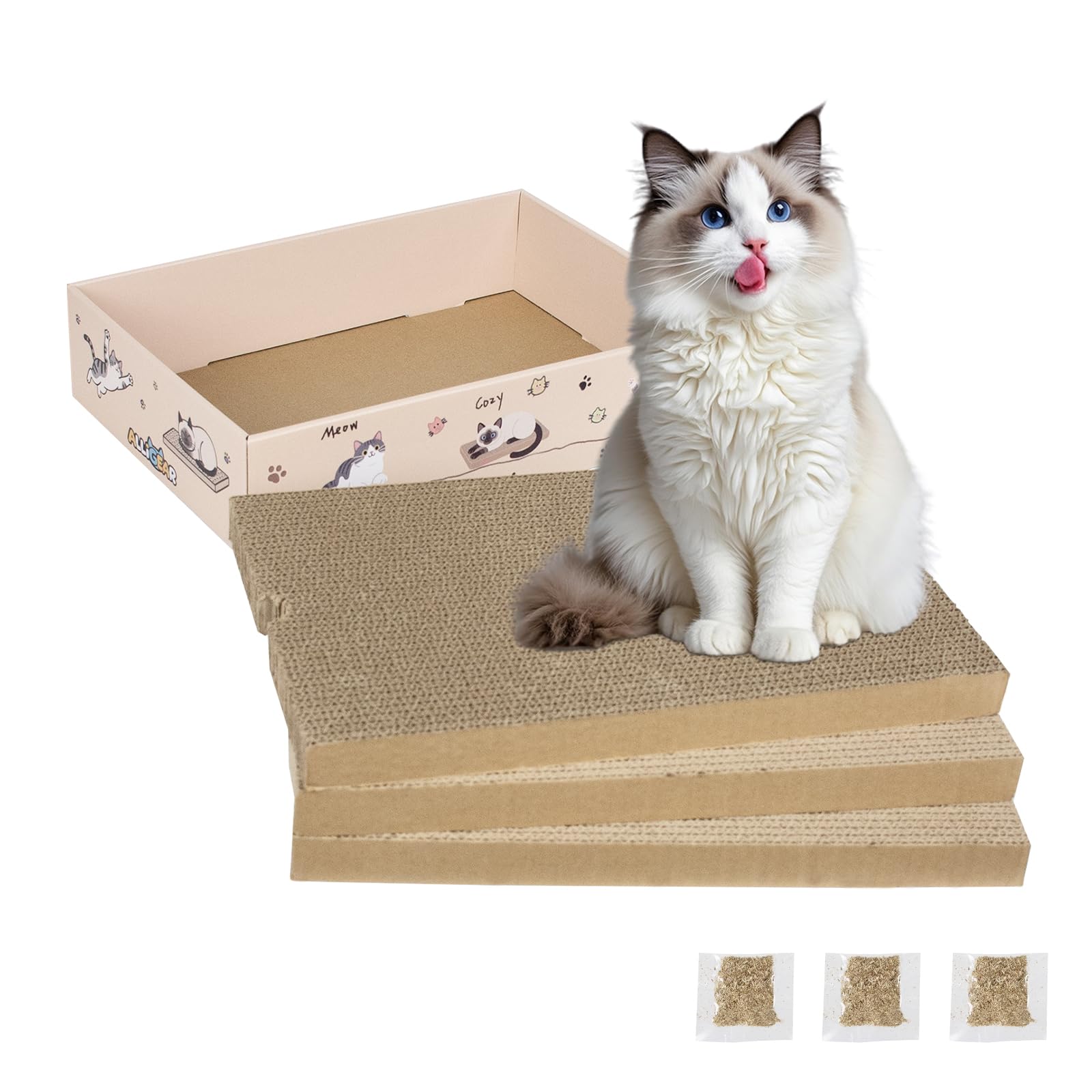 Confezione da 3 tappetini tiragraffi per gatti con scatola, in cartone ondulato, reversibile, con erba gatta, design per gatti e gattini, misura media