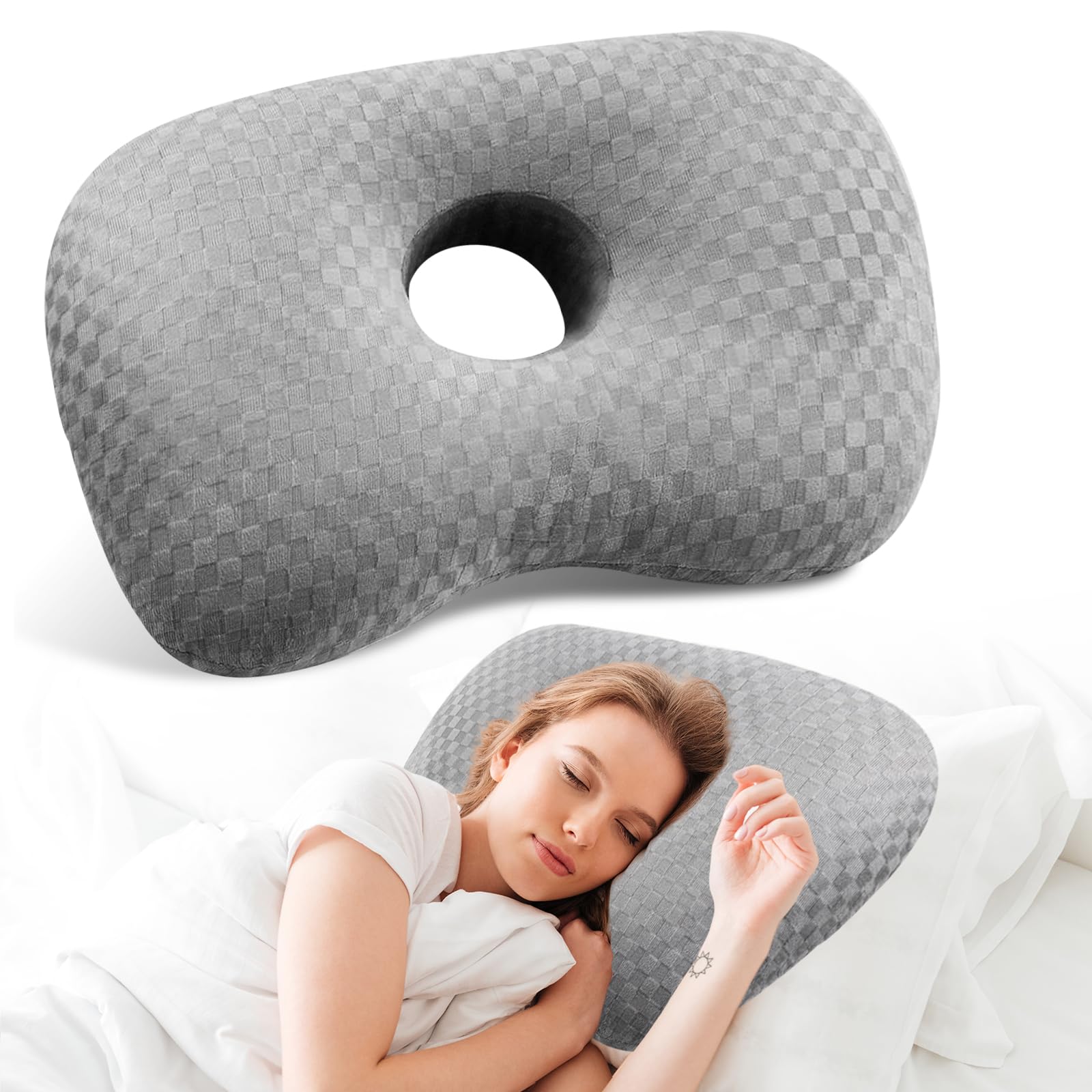 Coussin De Sieste Perçage D'oreille – Forme Beignet Avec Trou Central – 26 X 32 Cm – Coton Mémoire De Forme – Pour Dormeurs Latéraux, Bureau, Voyage – Fraise