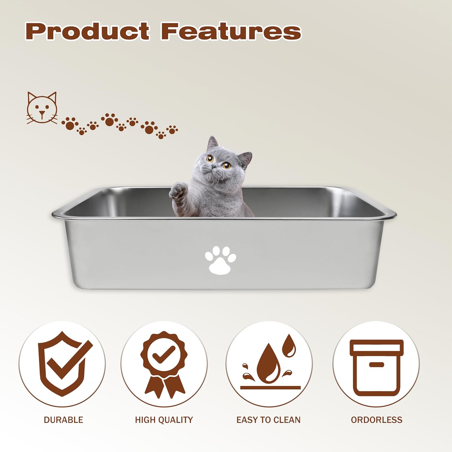 Stainless Steel Cat Litter Box,High Sided Cat Pan,Metal Kitten Litter Pan,Large Metal Litter Box for Cats,Rabbits,Non-Stick,No Smell,Smooth Surface,Splash-Proof,Easy to Clean23.6"x15.8"x5.9"
