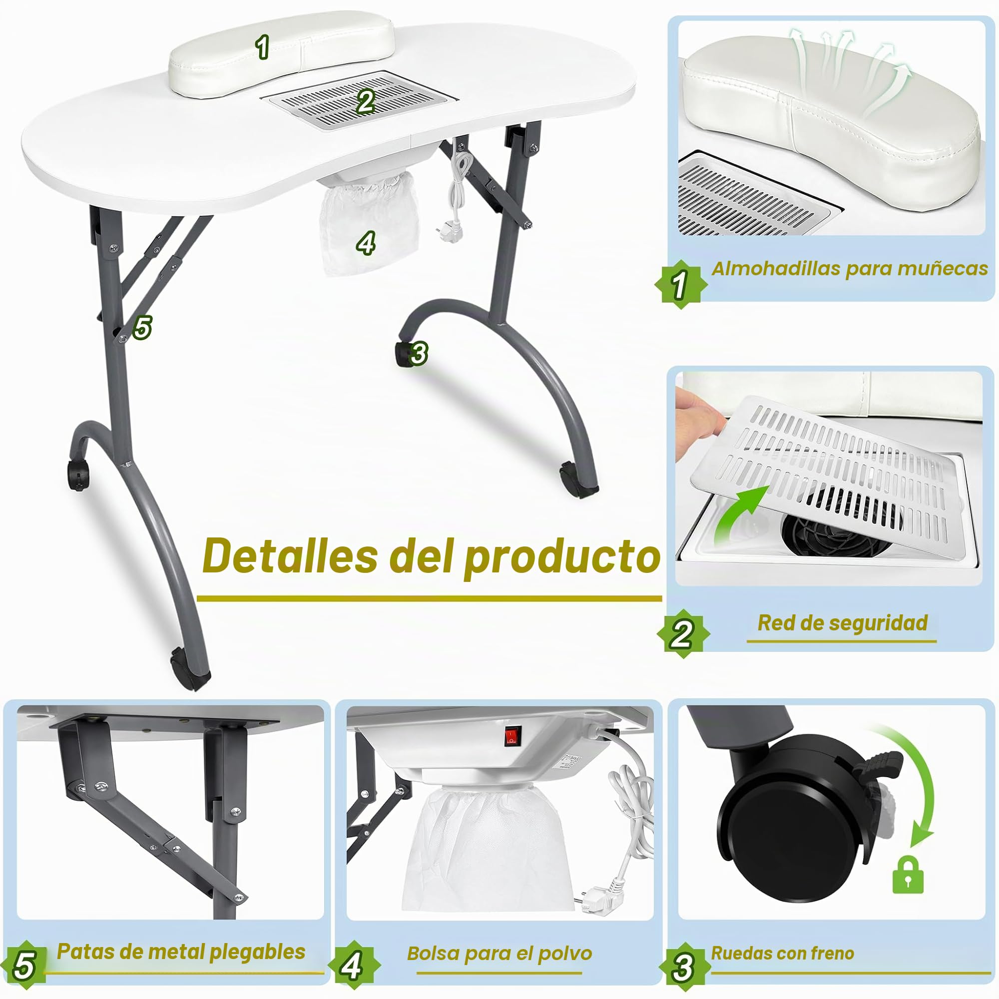 XMTECH Mesa de Manicura Con Extracción, Mesa De Manicura Portátil Con Ruedas, Bolsa para el polvo, Bolsa de transporte, Blanco