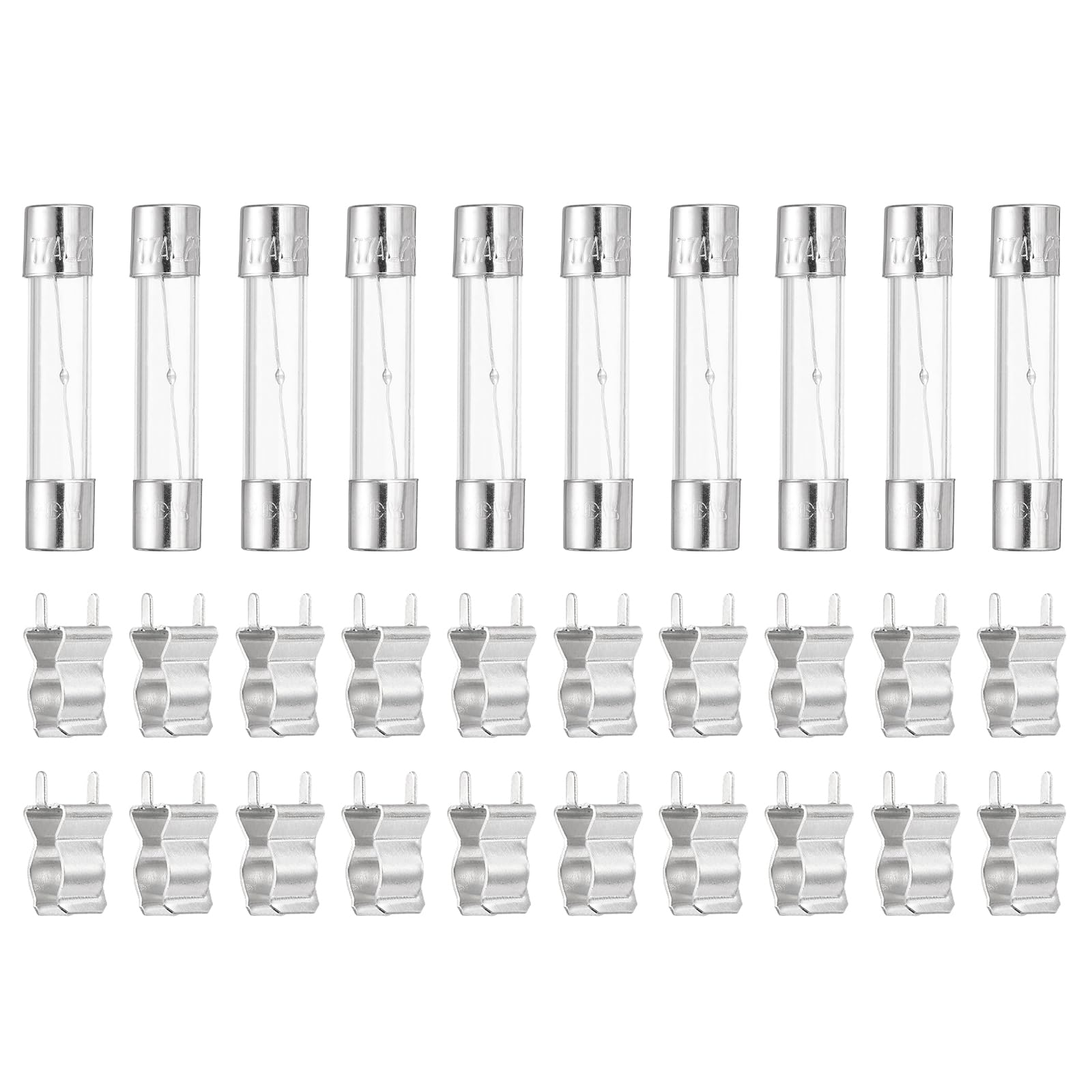 sourcing map Glass Tube Fuses, 6x30mm 7A 250V Slow Fast Blow Glass Cartridge Tube Fuse with 20pcs Safety Clip for Replacing or Repairing Many Home Electronics(Pack of 10)
