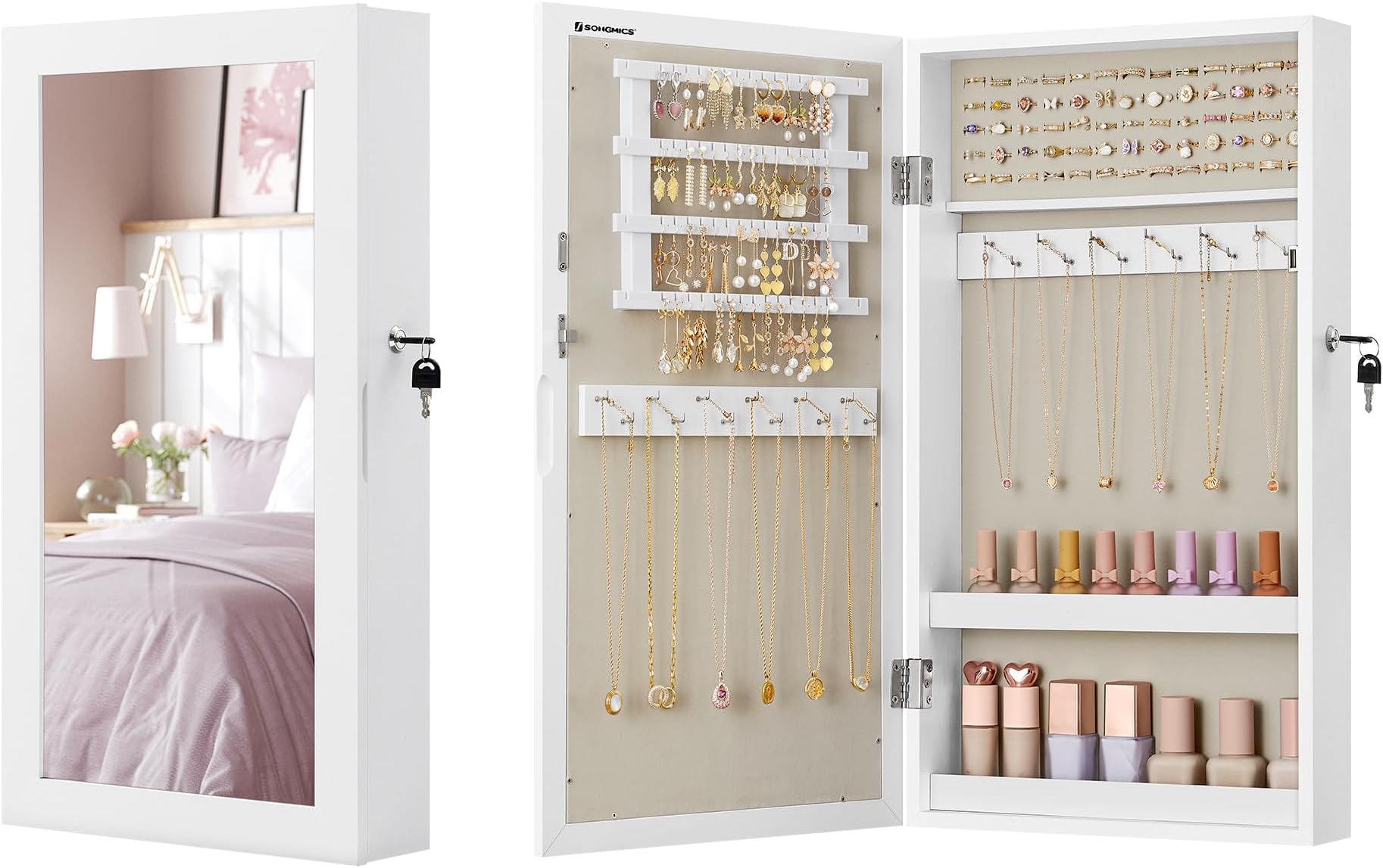 SONGMICS Wall-Mounted Jewellery Cabinet, Mirror with Storage, Lockable Mirrored Cabinet, Jewellery Organiser with Mirror, Space-Saving, White Surface, Greige Lining JJC051W02