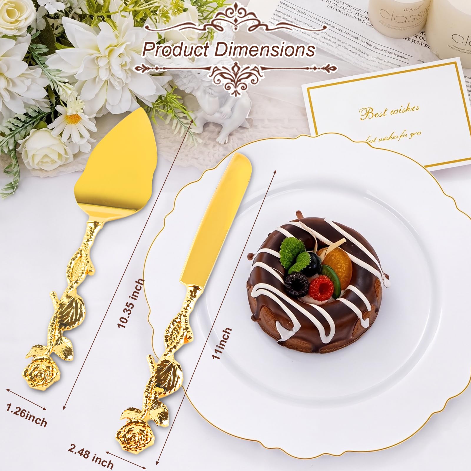 Gold Rose Cake Knife & Server Set - Vintage Wedding -2