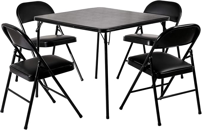 VECELO Folding Table & 4 Padded Chairs Portable & No Assembly Required, 5 Piece Set, Black