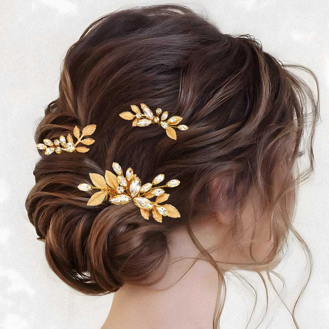 Horquillas para el pelo de novia con diamantes de imitación dorados, accesorios para el cabello de boda para mujeres y niñas (paquete de 3)