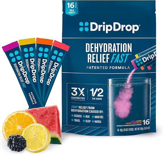 DripDrop Hydration - Electrolyte Powder Packets - Watermelon, Berry, Orange, Lemon - 16 Count