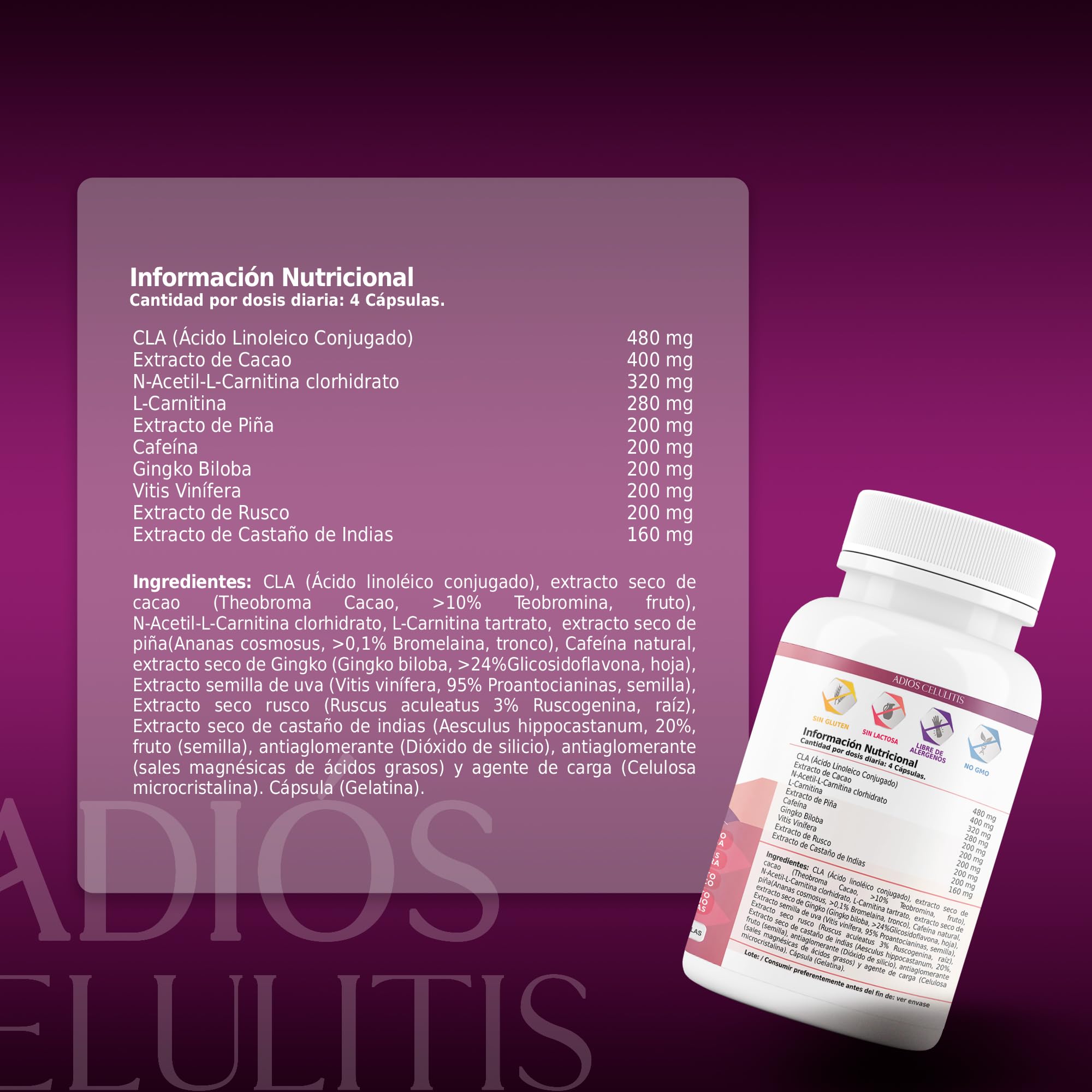 Adiós Celulitis Healthy Fusion | Anticelulítico Reductor Potente con L-Carnitina, Castaño de Indias, CLA, Cafeína, Cacao | Elimina celulitis y piel de naranja | Reafirma y tonifica la piel | 100 Caps