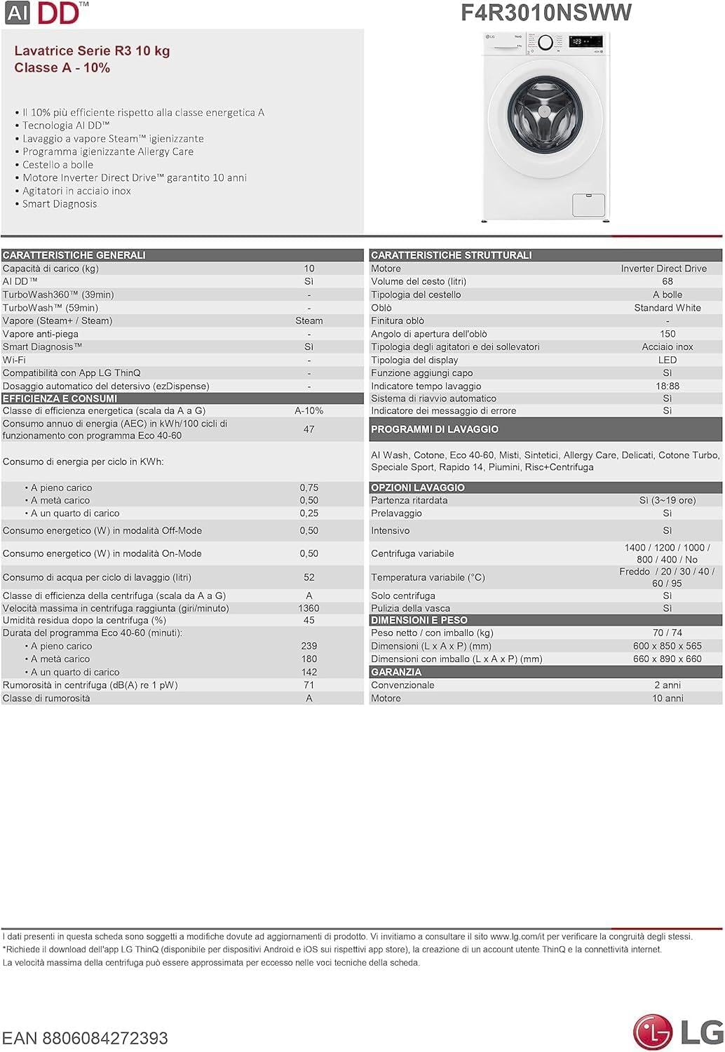 LG AI DD F4R3010NSWW Lavatrice Classe A -10%, Carica Frontale Serie R3, Lavatrice 10kg, 1400 giri, AIWash, Lavaggio a vapore, Motore Direct Drive, Smart Diagnosis, Libera installazione, Bianca