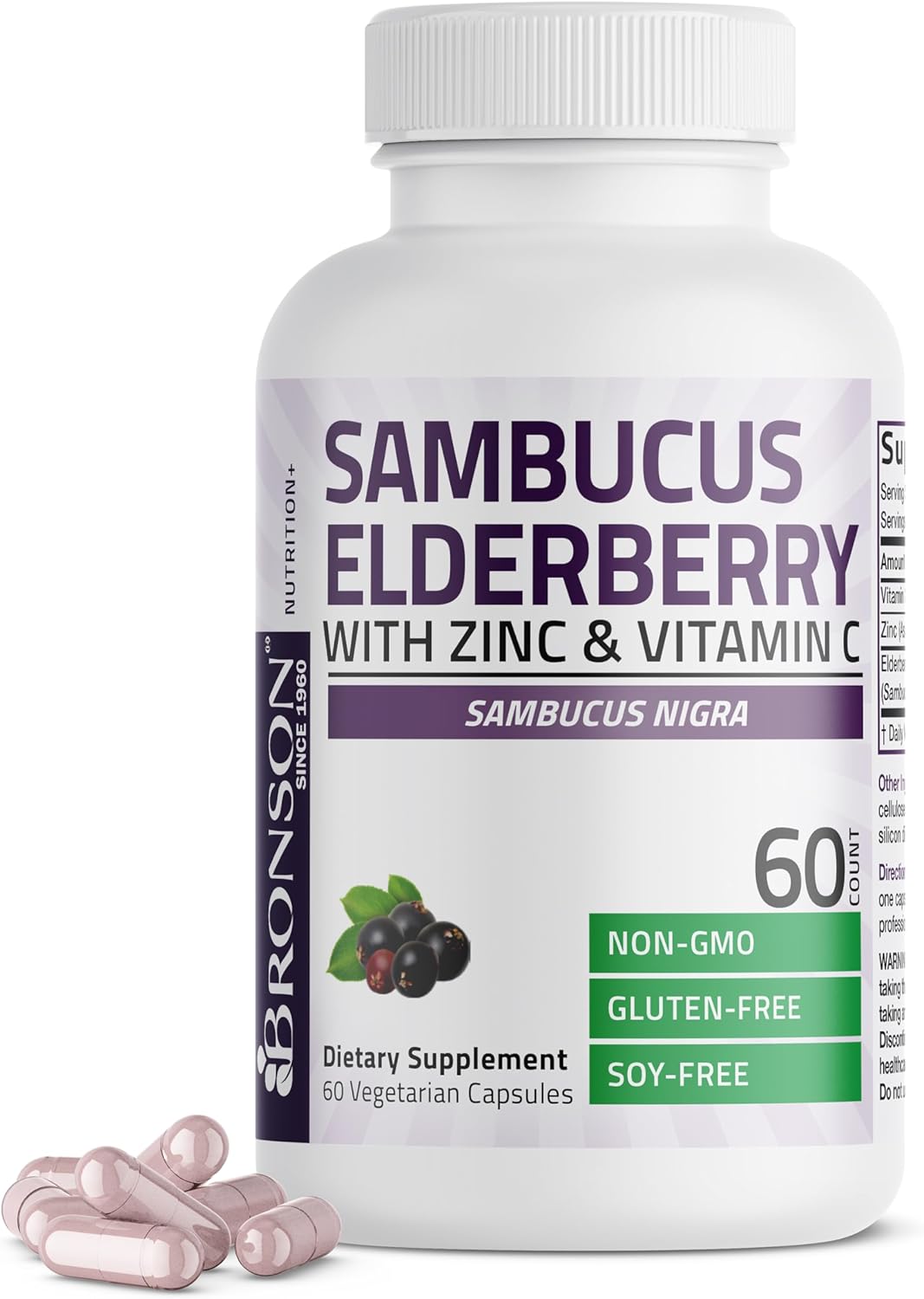 Bronson Sambucus Elderberry with Zinc & Vitamin C Triple Immune Support Complex Immune & Antioxidant Protection, Non-GMO, 60 Vegetarian Capsules