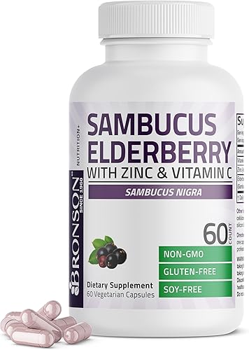 Bronson Sambucus Saúco con zinc y vitamina C Complejo triple de apoyo inmunológico y antioxidante, sin OMG, 60 cápsulas vegetarianas