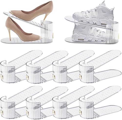 Paquete de 10 organizadores transparentes de ranura para zapatos, apilador de zapatos para un par de zapatos, ajustable de doble capa gruesa y 50%