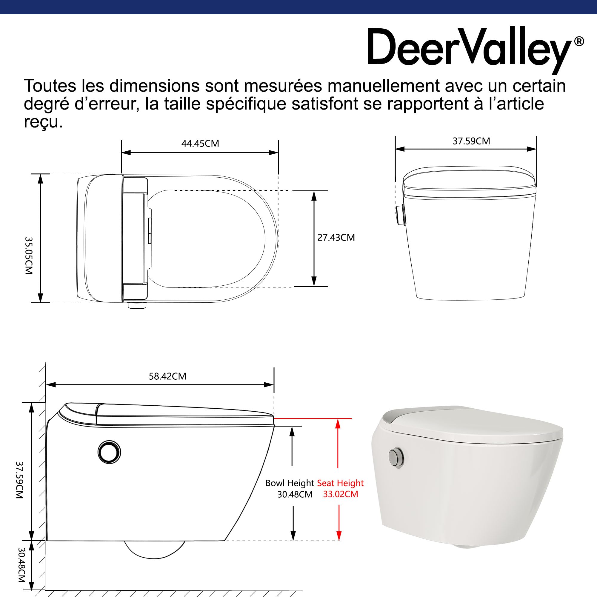 Toilette Japonaise Complète avec Fonction Bidet (Incluant Bâti-Support), Siège Chauffant, Buse Autonettoyante, Chasse d'Eau Automatique et Télécommande WC Intelligent Moderne avec Douche Intégrée
