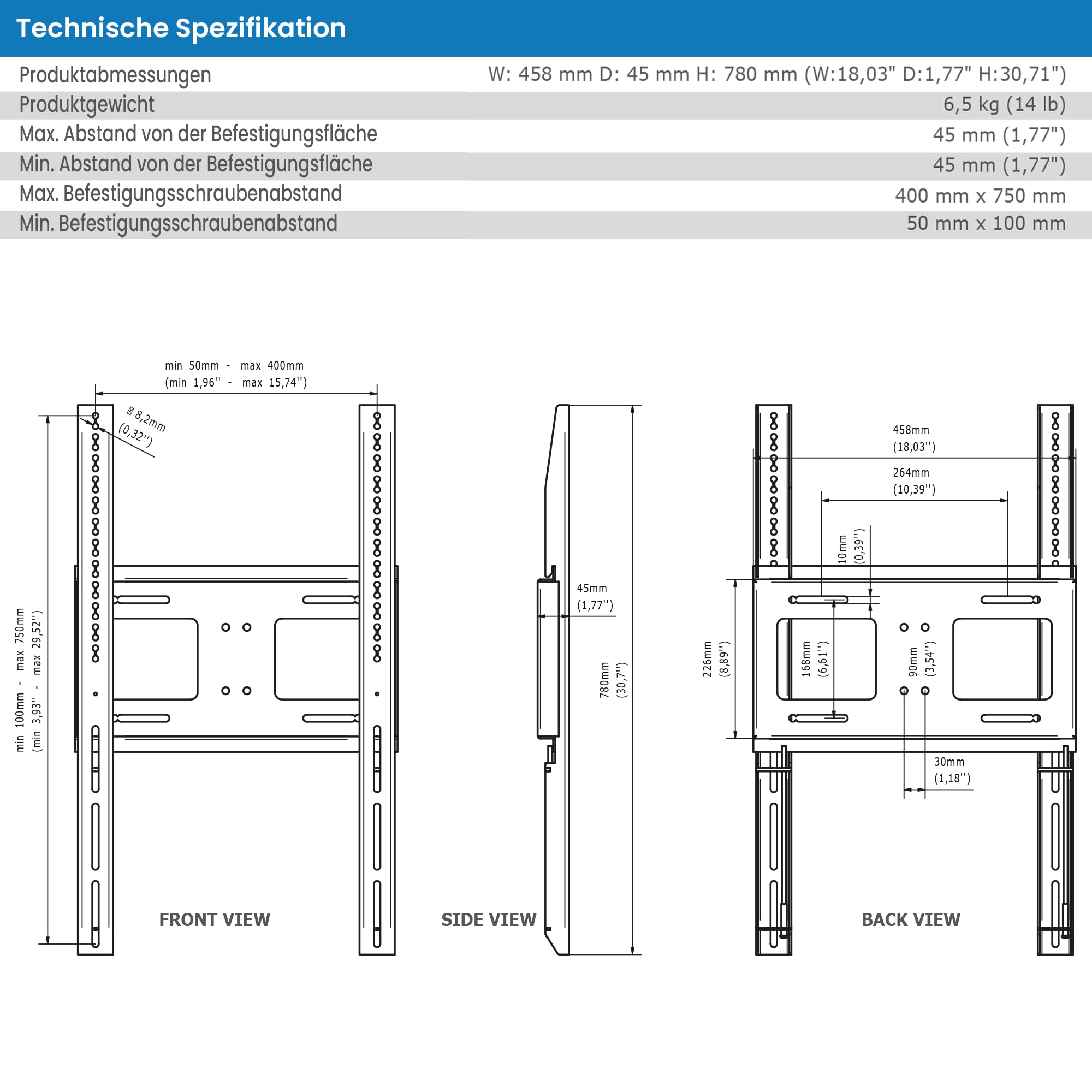 Supporto TV Parete per schermi TV da 40-75 Pollici - VESA 100 x 100 a 400 x 600 | Capacità di carico fino a 80 kg