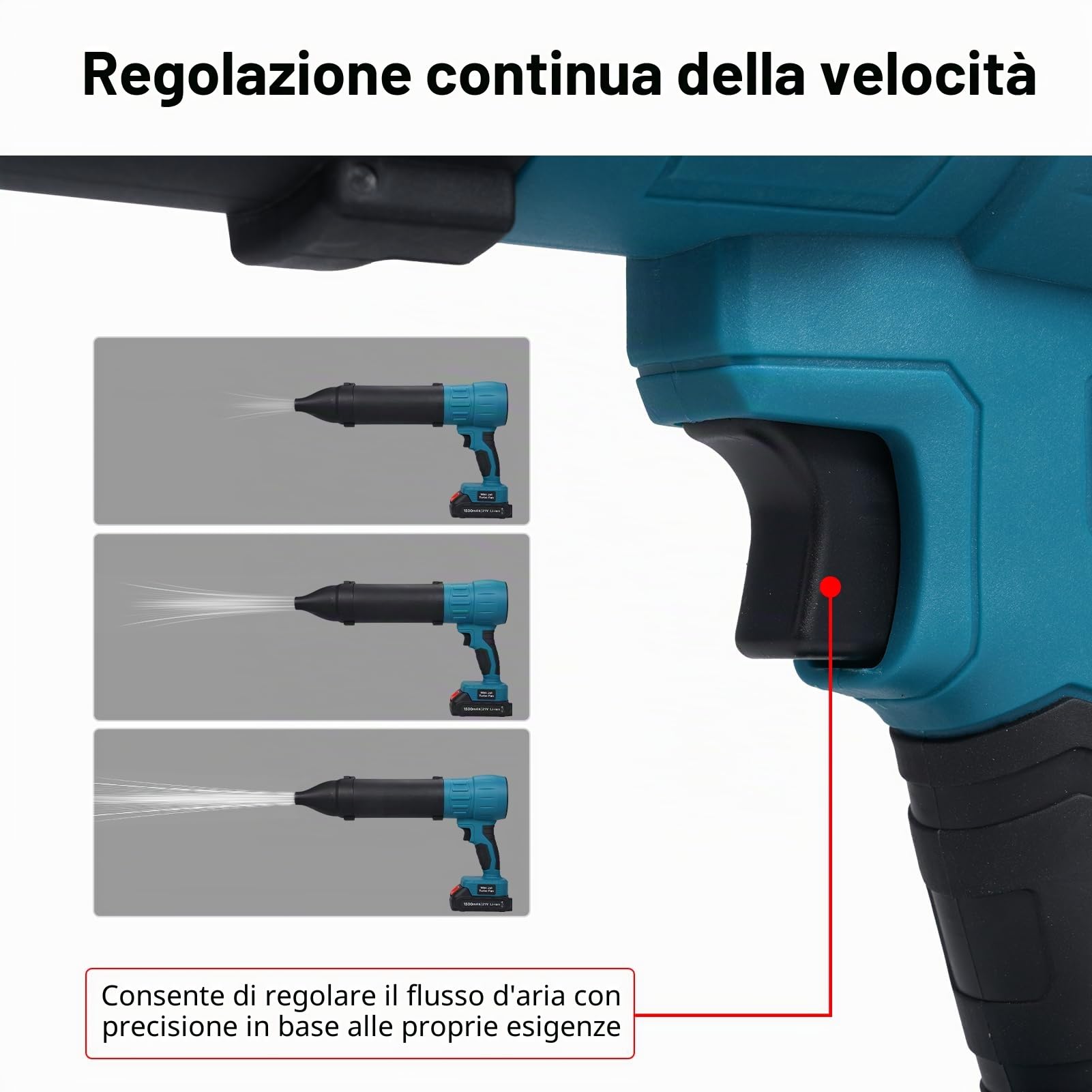 Soffiatore a batteria 21 V, spazzaneve con batteria da 1500 mAh, 3 ugelli intercambiabili, regolazione continua della velocità per la pulizia dell'auto, pulizia della polvere, pulizia della casa