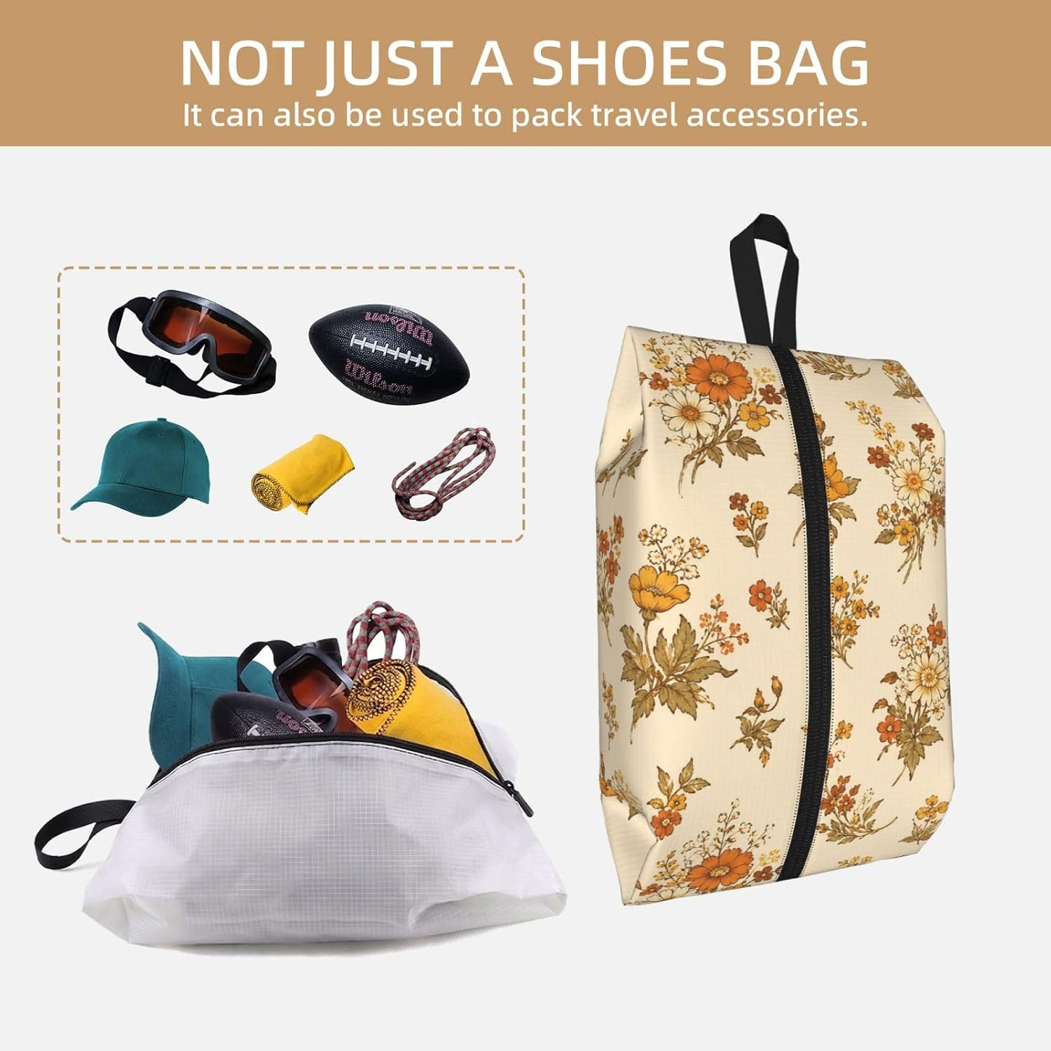 Vintage William Morris Style Floral Travel Shoe Bag for Men & Women, Waterproof Shoe Storage Organizer with Zipper, Portable Shoe Pouch for Sneakers, Heels, Sandals, Gym & Travel Luggage 2PCS image 5