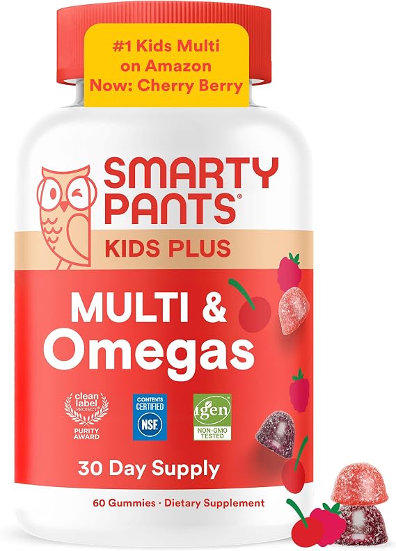 SmartyPants Kids Multivitamin Gummies with Omega 3 DHA/EPA, Vitamins D3, C, B12, B6, A, K, and Zinc, Gluten Free, Clean Label, Cherry Berry Flavor, 60 Gummies (30 Day Supply)