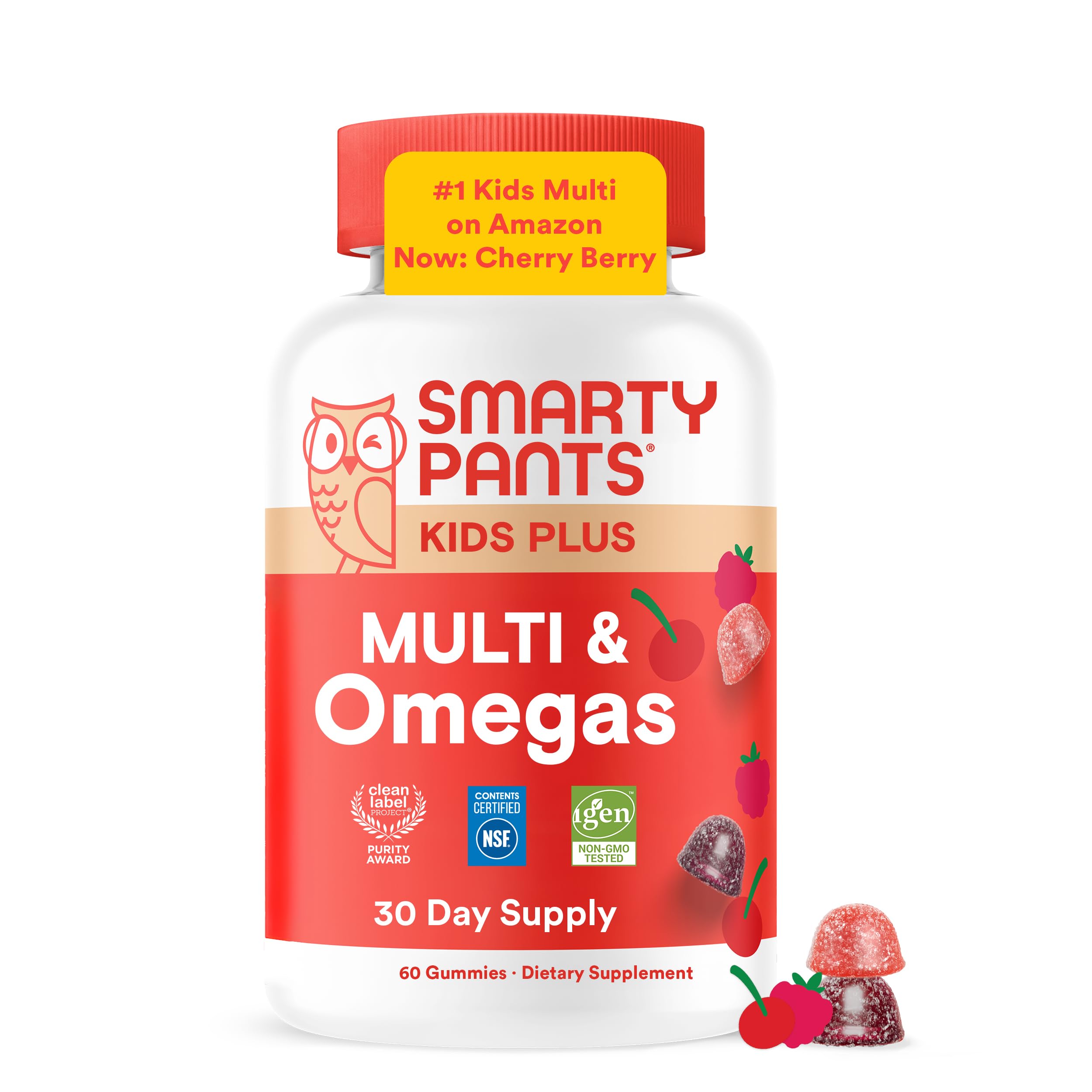 SmartyPants Kids Multivitamin Gummies with Omega 3 DHA/EPA, Vitamins D3, C, B12, B6, A, K, and Zinc, Gluten Free, Clean Label, Cherry Berry Flavor, 60 Gummies (30 Day Supply)