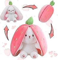 MIAODAM Reversible Strawberry Bunny Plush - 7 Inch Zipper Transform to Cuddle Rabbit Stuffed Animal, Soft Pillow Toy Easter Kids Gift