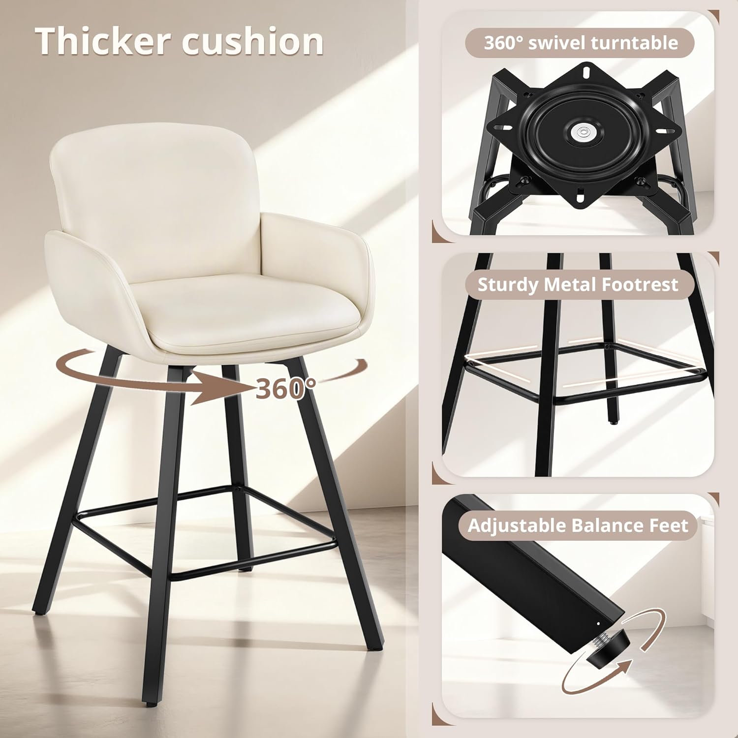LUE BONA 26" Swivel Bar Stools Set of 2, Counter Height Bar Stools with Backrest and Arms, Modern Upholstered Barstools with Metal Legs for Kitchen Island, Ivory