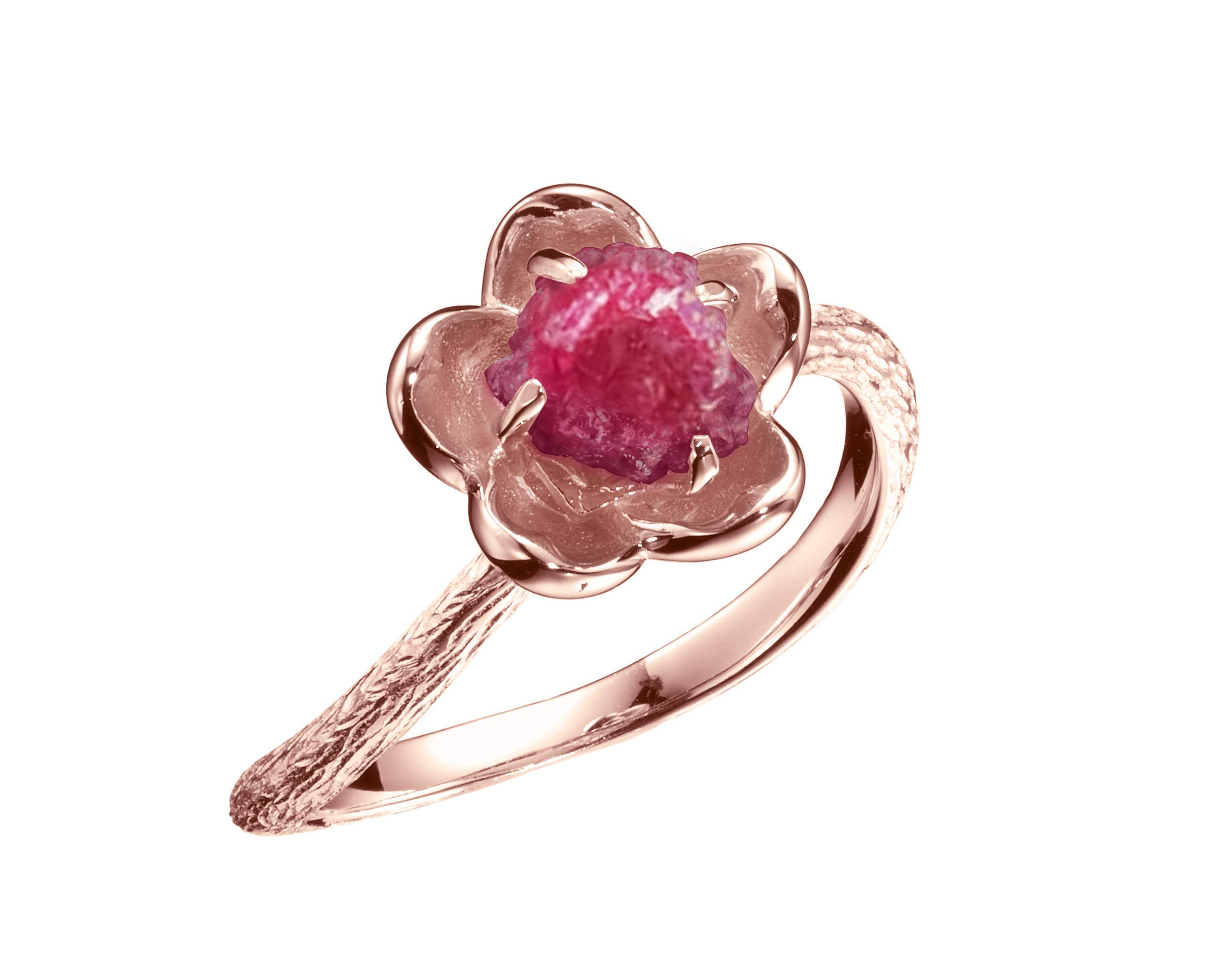 Raw ruby engagement ring by Majade. Nature inspired flower engagement ring, rough ruby ring, curved wedding band. Handmade 14k rose gold solitaire ring. Unique twisted twig wood texture gold ring