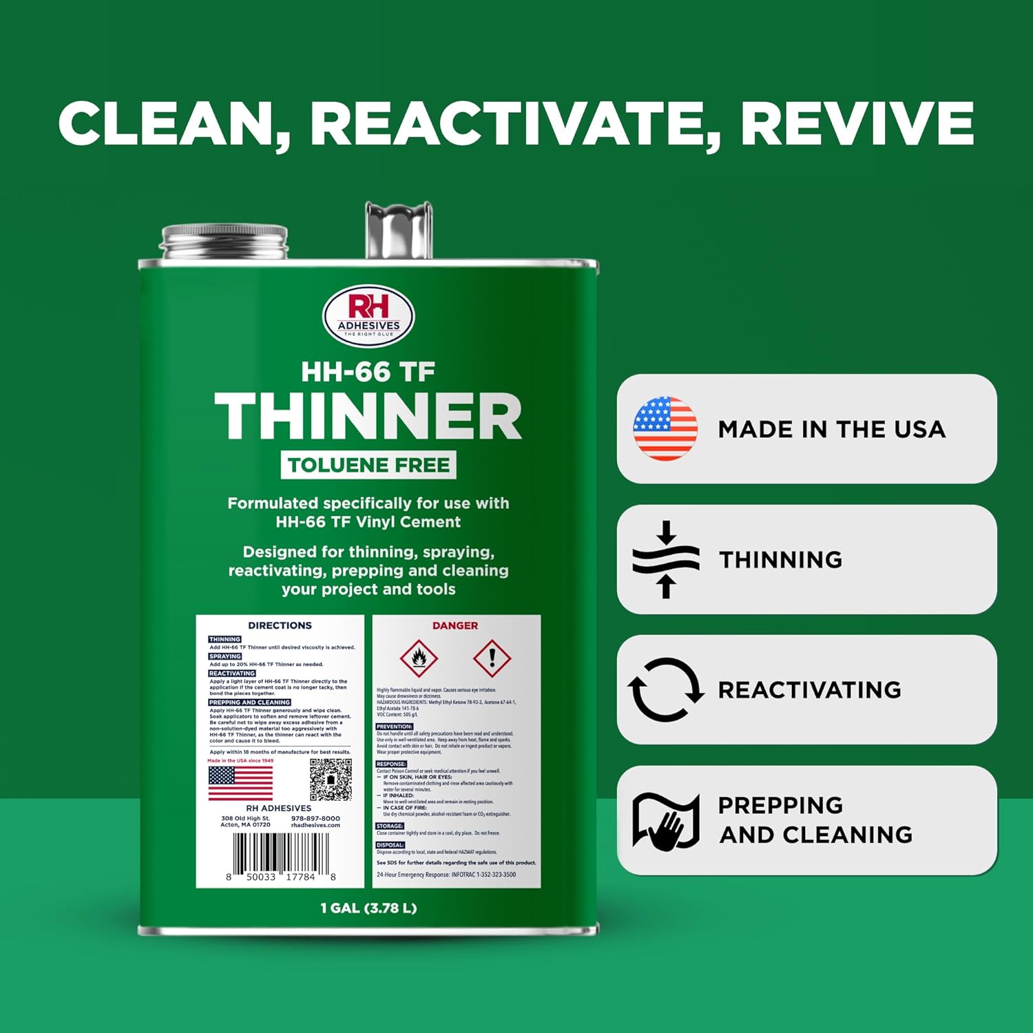 HH-66 Toluene Free Thinner, 1 Gallon - Prepping, Thinning, Reactivating, Cleaning, Multi-Purpose, Compatible with HH-66 Vinyl Cement - RH Adhesives