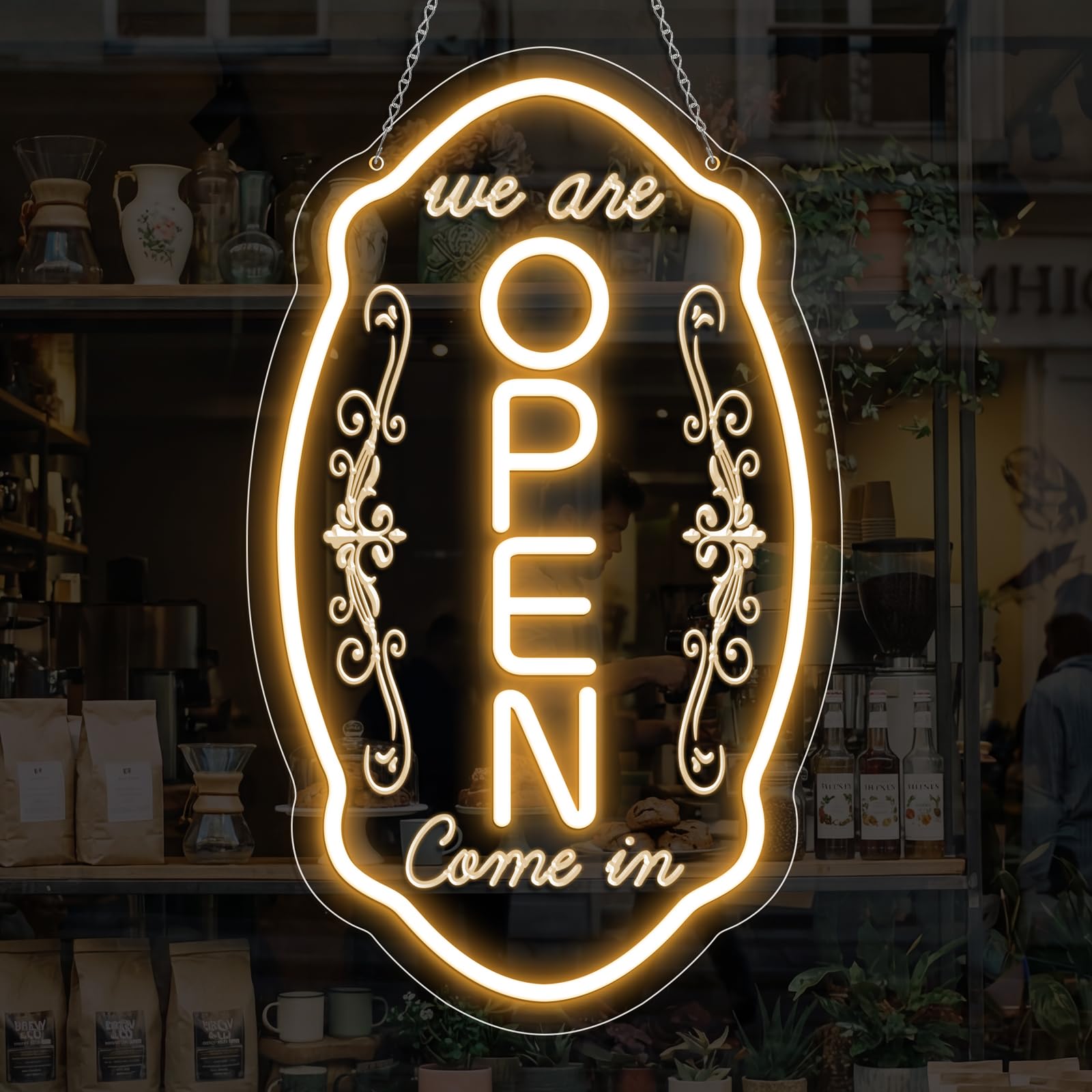 LED Open Signs for Business, 16.5''x10'' Dimmable Come in We’re Open Sign, Vertical Ultra Bright Light Up Signs Powered by 5V USB, Warm White Neon Lights Sign for Party, Bar, Stores, Coffee, Hotel