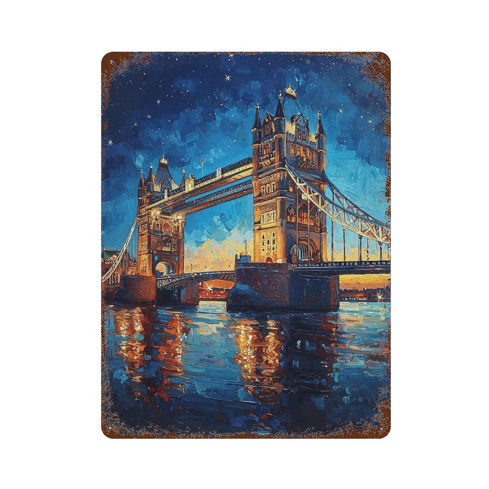 Garage Style Tower Bridge Night Rustic Tin Plaque 15.7"x11.8", Classic Wall Plaque for Bar And Workshop