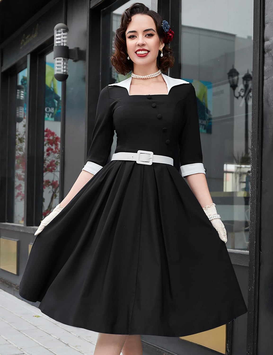 MUXXN Women's 50s Retro Casual Swing Midi Dress 3/4 Sleeve Square A Line Neck Vintage Cocktail Wedding Guest Bodycon Prom - Image 2