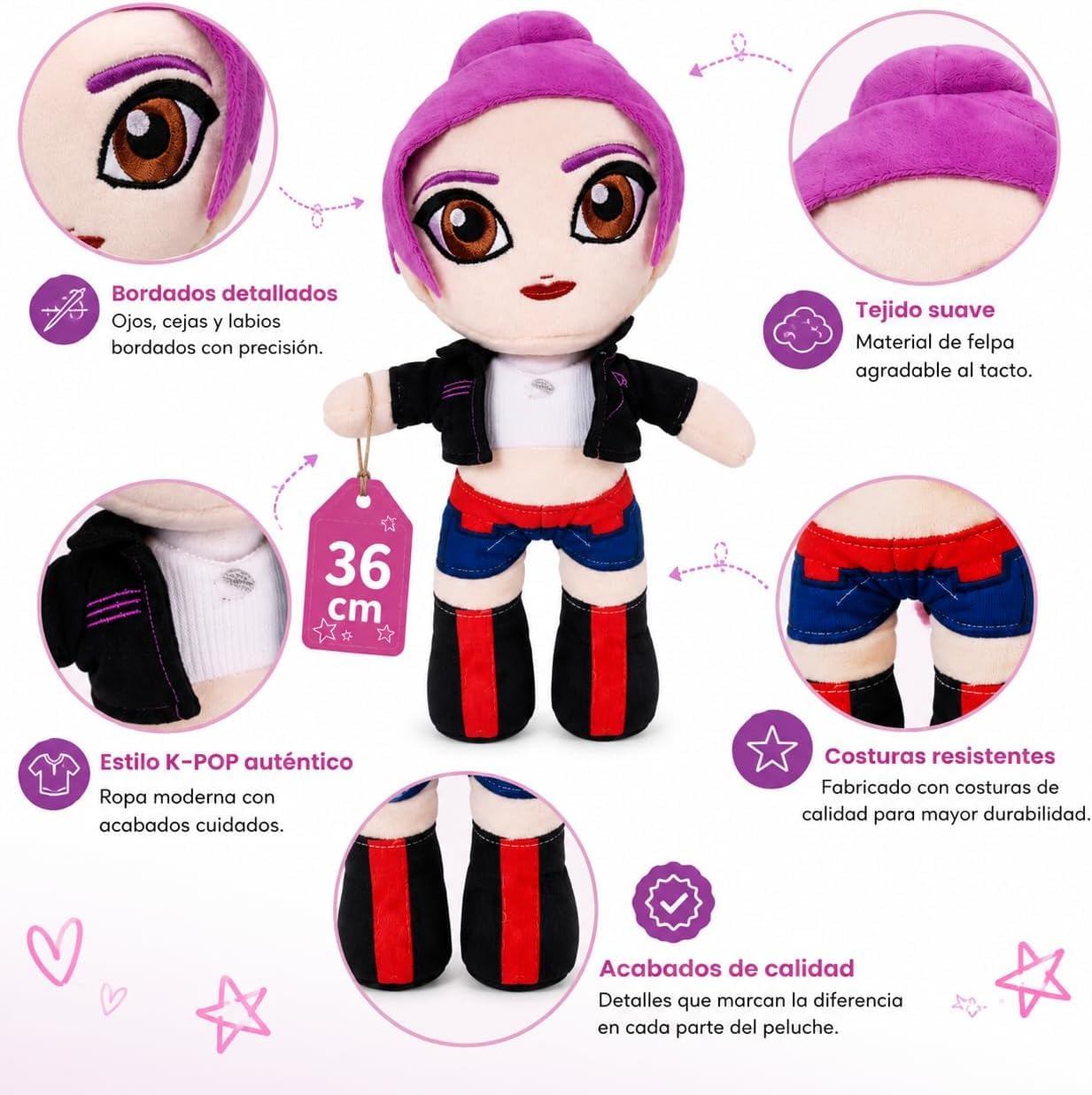 K-POP Set 3 Plüschtiere GRANDI Rumi Mira Zoey - Höhe 36 cm - weiche Stoffpuppen zum Sammeln von koreanischen Band - Mehrfarbig