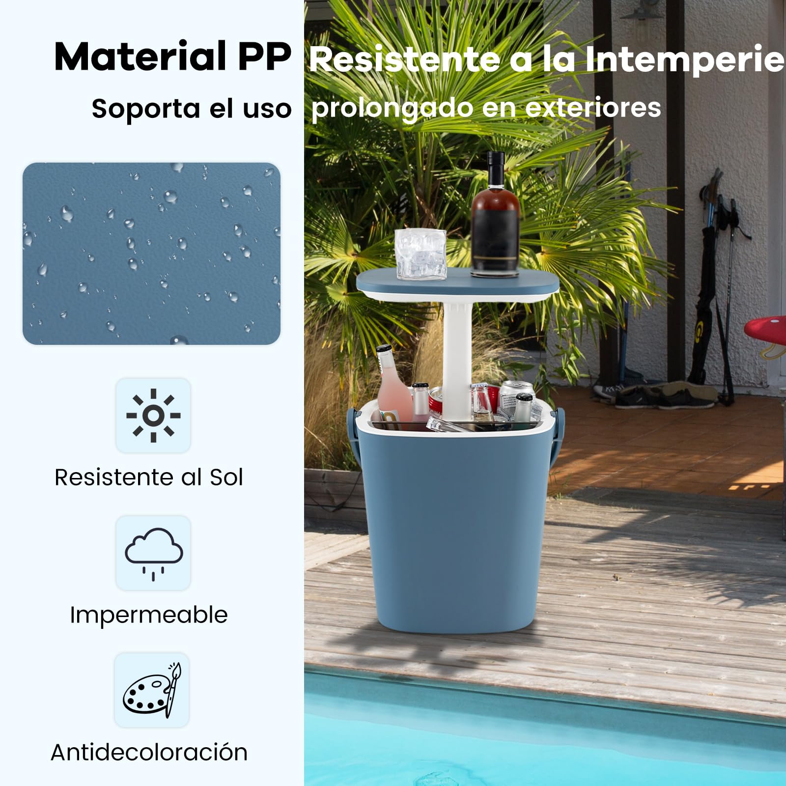 COSTWAY 3 en 1 Mesa Nevera Portatil 15L con Asa, Cool Bar con Abridor de Botellas y Tapa Superior Elevable, 15 Latas, Mesa Cóctel Jardin Terraza (Azul)